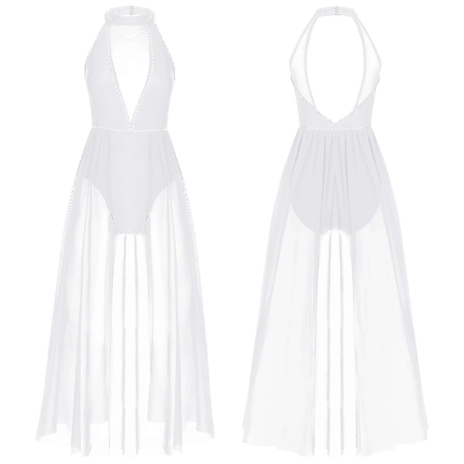 Kvinder Rhinestone Moderne lyrisk dansedragt Halter Sheer Mesh Splejsning Ballet Gymnastik Leotard Stage Performance Kjoler