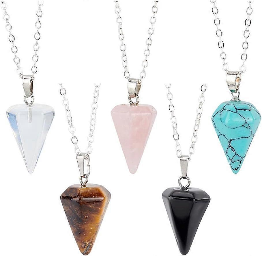 1box 5 pcs Pendulums Wiccan Pointed Chakra Necklace for Divination Dowsing 6 Facted Opalite Obsidian Tiger Eye Rose Quartz Cone Stones Pendant for Wom
