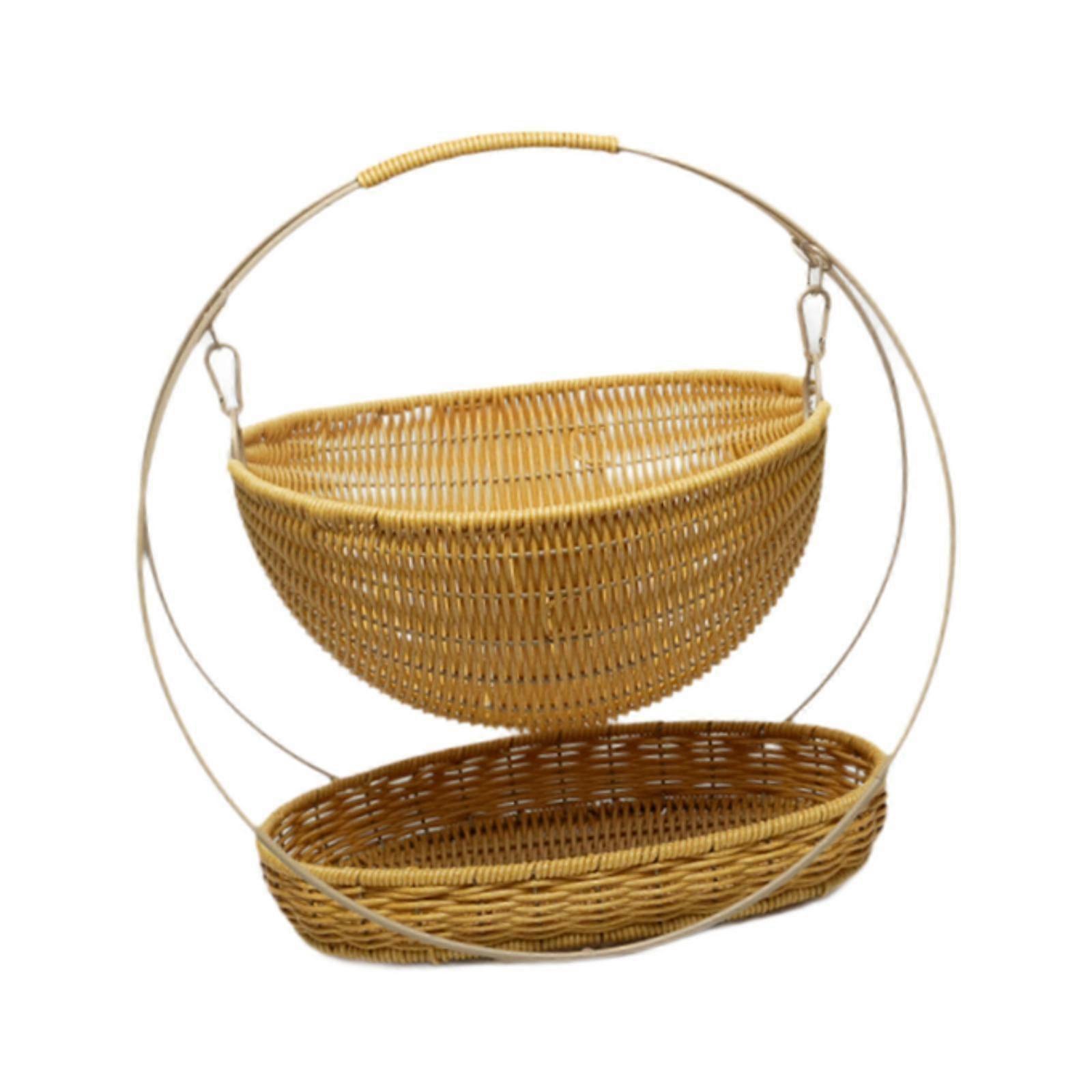 Woven Storage Basket Rustic with Top Handle 2-tier Tray for Home Snack Beach beige small