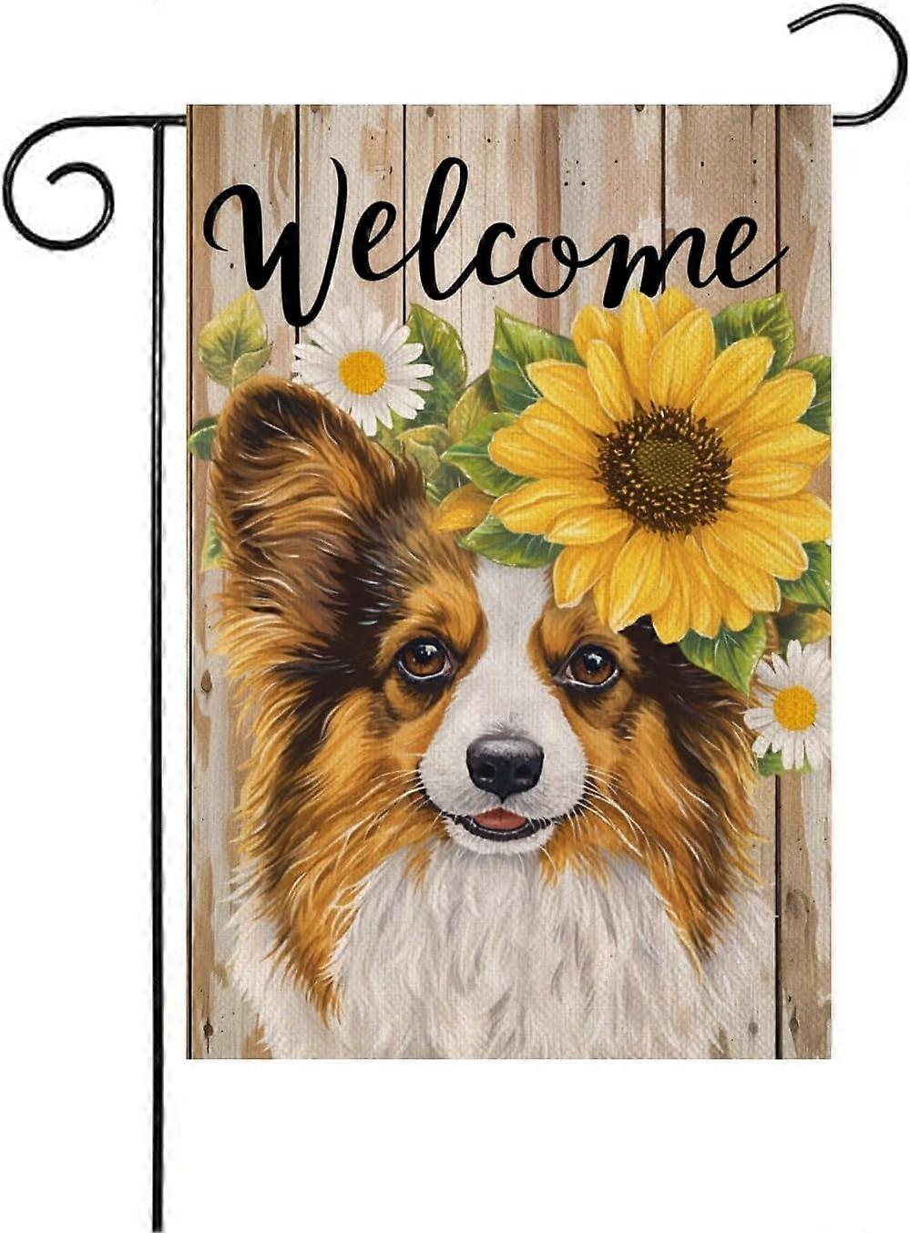 Bem-vindo Papillon Dog Garden Flag Dupla Face 12 x 18 Polegadas Verão Girassol Margarida Cão(5396)