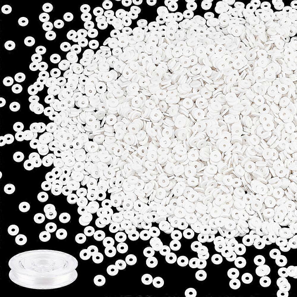 140G Handmade Polymer Clay Beads Disc/Flat Round Heishi Beads with 1 Roll Elastic Thread White 6x1mm Hole: 2mm