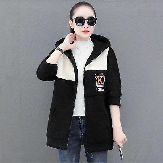 Cappotto da donna autunno inverno in pile spesso color block, manica lunga con cappuccio, tasche, lunghezza media, chiusura con cerniera, caldo e ampio, giacca da donna