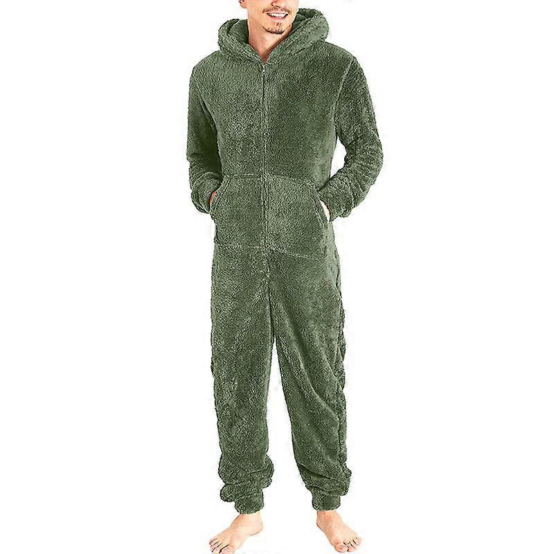 Men Casual Jumpsuit Zipper Long Sleeve Pajama Set Hooded Tops Solid Color Winter Sleepwear Plush