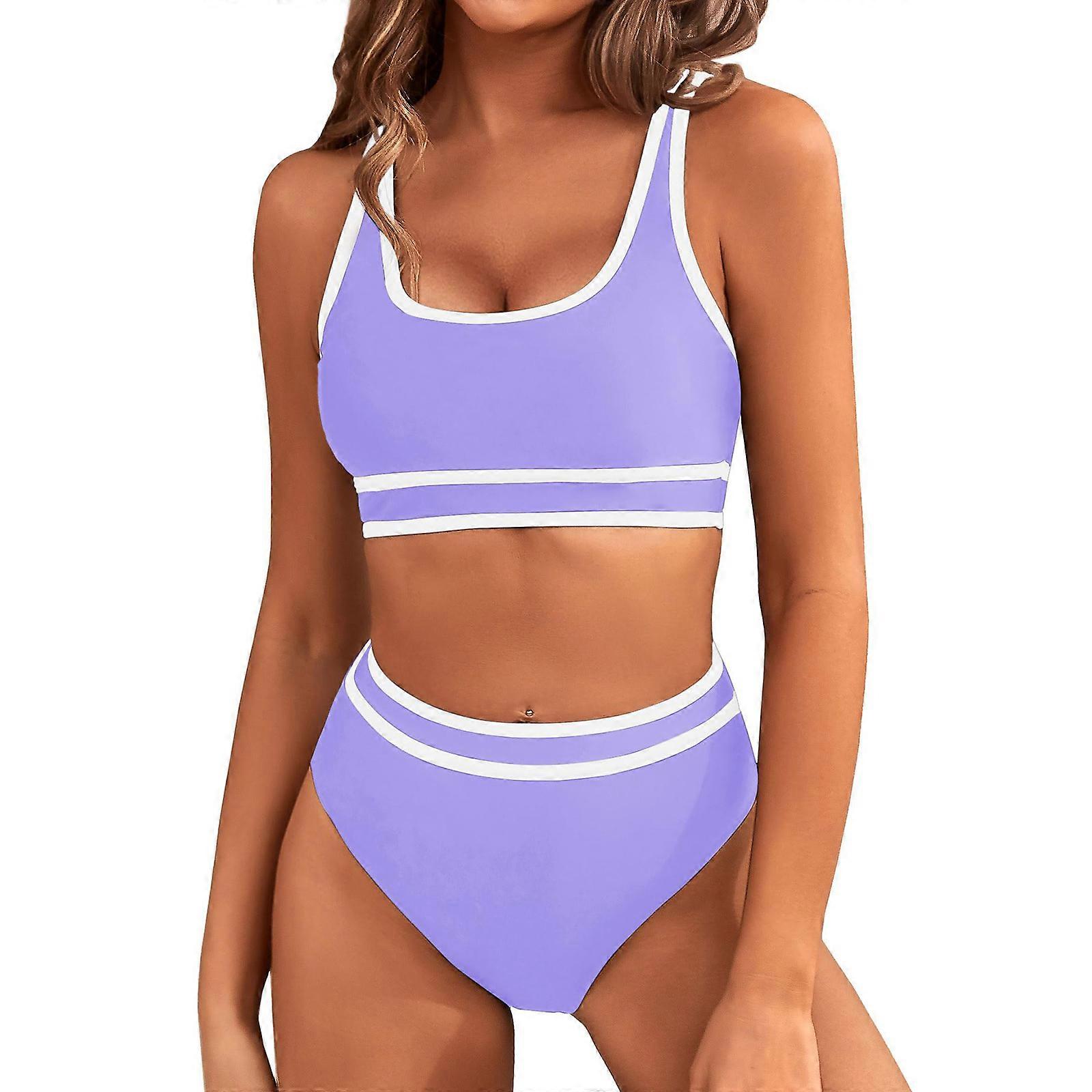 Bikinis à col rond Ensembles pour femmes Taille haute Maillot de bain à couverture complète rembourré Push Up Deux pièces Maillots de bain Maillots de bain Lavande S