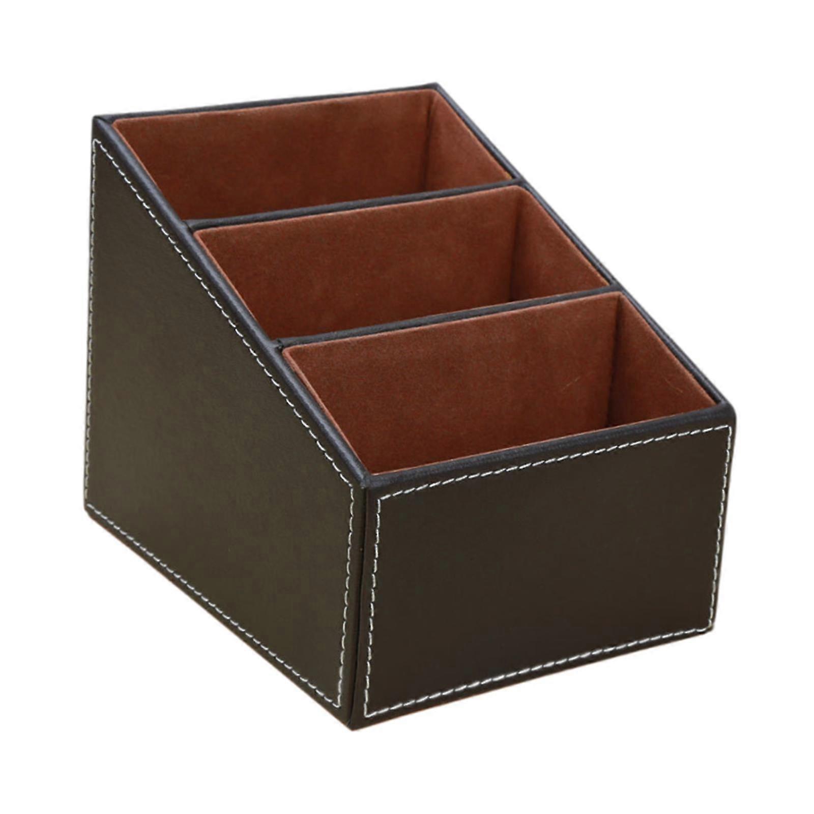 Remote Control Holder Desk Organizer Container PU Leather with 3 Compartments