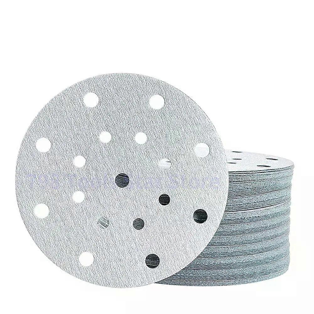 HaKeLai 100PCS 6 Inch 17 Hole Dry Sandpaper Hook and Loop White Round Shape Sanding Discs for Putty Grinding and Polishing,60-800 Grits