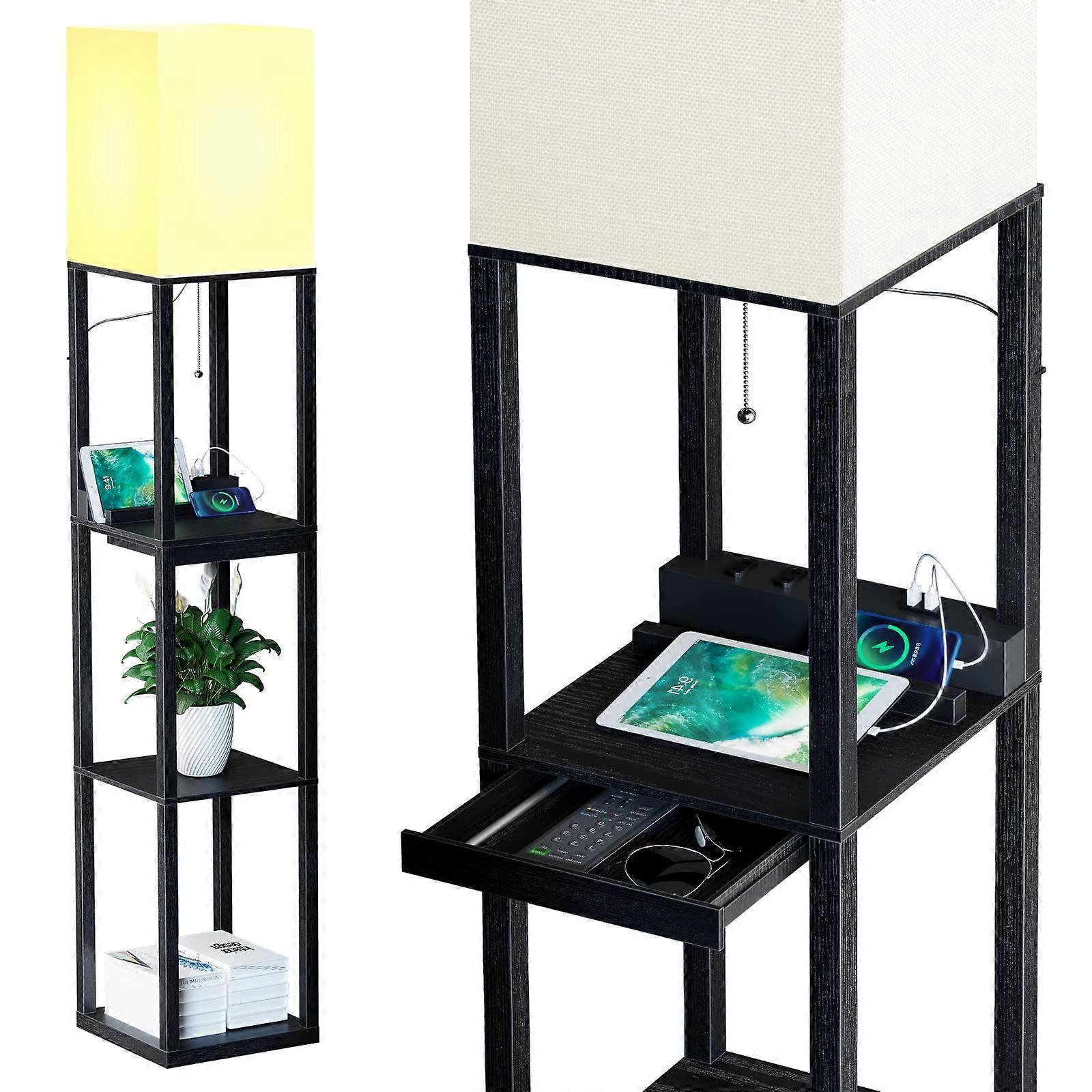 Floor Lamp with Shelves,Modern Dimmable Solid Wood Standing Lamp with 1 Drawer,2 USB Ports 2 Outlets