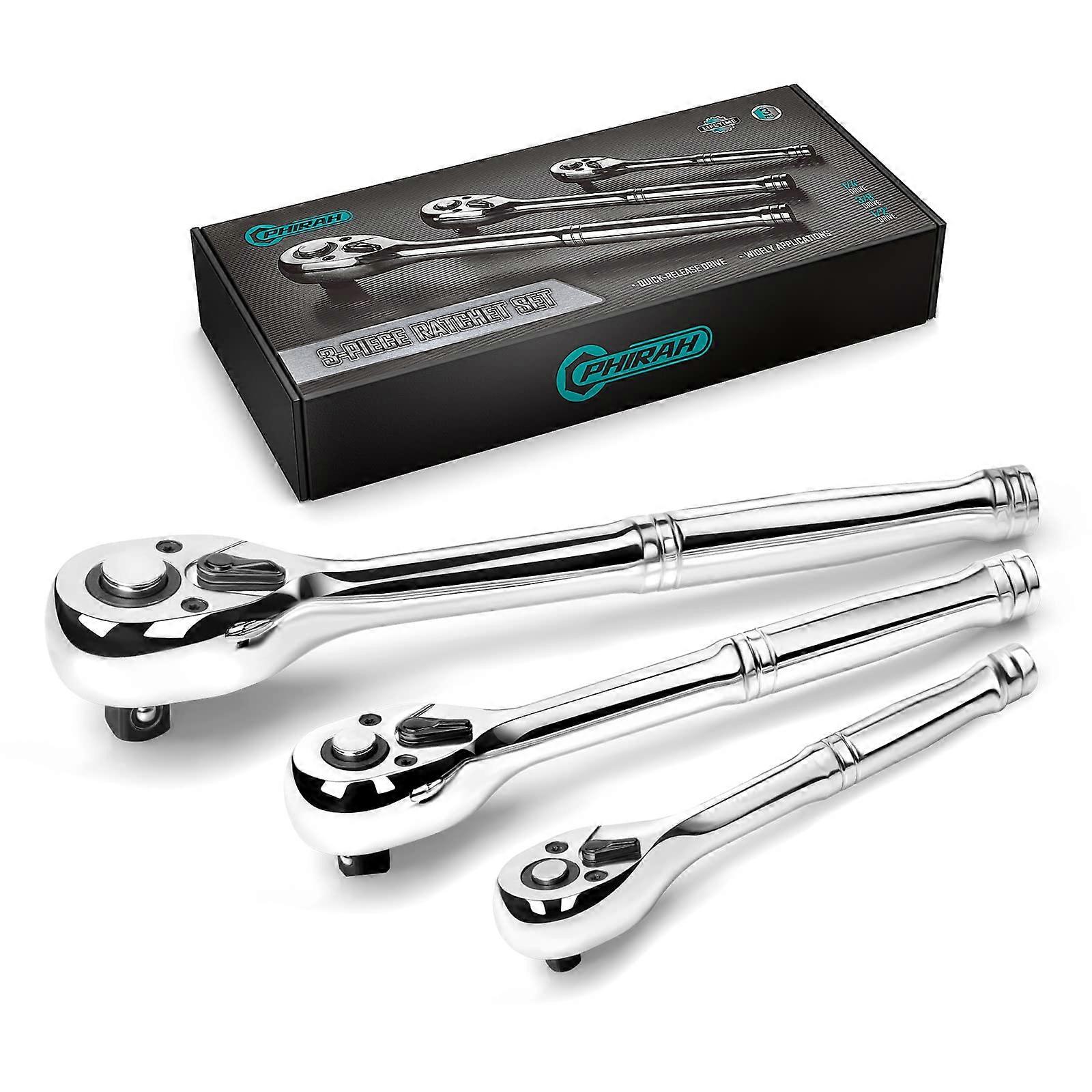 3Piece Ratchet Set, 1/4', 3/8', 1/2' Drive Ratchet Wrench, 72Tooth QuickRelease Reversible Socket Wrench,CRV Handle,Teardrop Head,EVA Storage