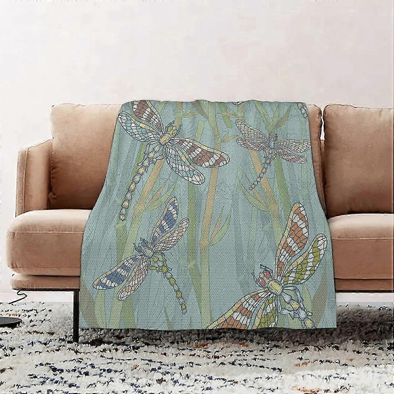 Premium Flannel Throw Blanket - Dragonfly Vintage Art Picture of Abstract Flying Among Bamboo Trees on Lake flannel Blanket Sofa Throw, Blanket Fluffy