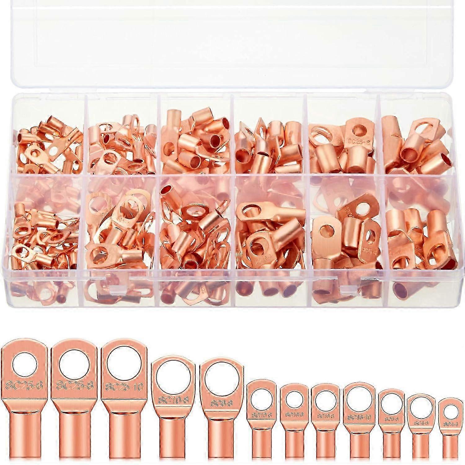 170 Pieces Copper Battery Cable Ends - Various Sizes, Terminal Connectors Compatible with AWG4, AWG6, AWG8, AWG10, and AWG12
