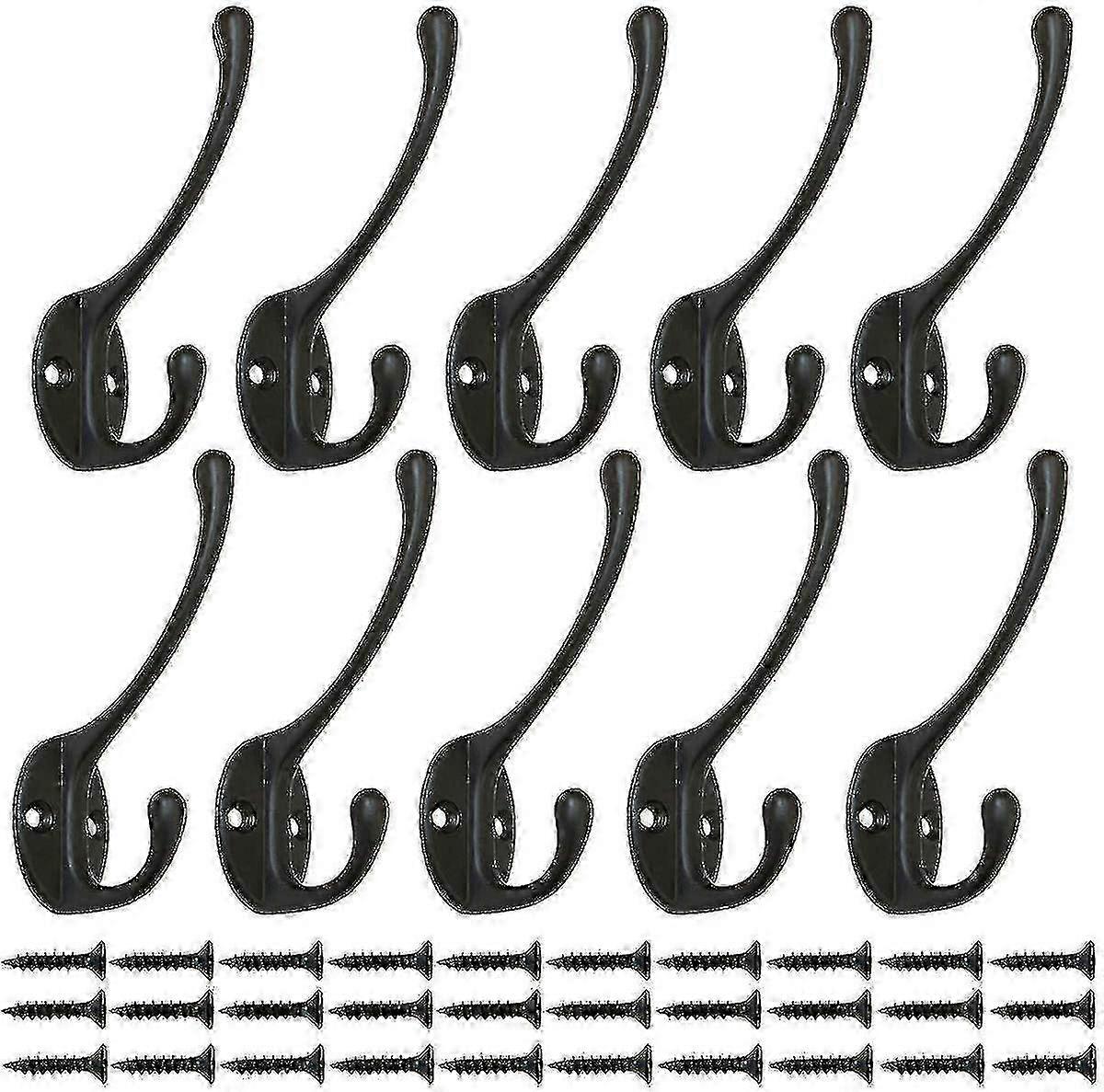 10 Vintage Black Wardrobe Hooks with 25 Screws - Metal Coat Hooks by Walkbee