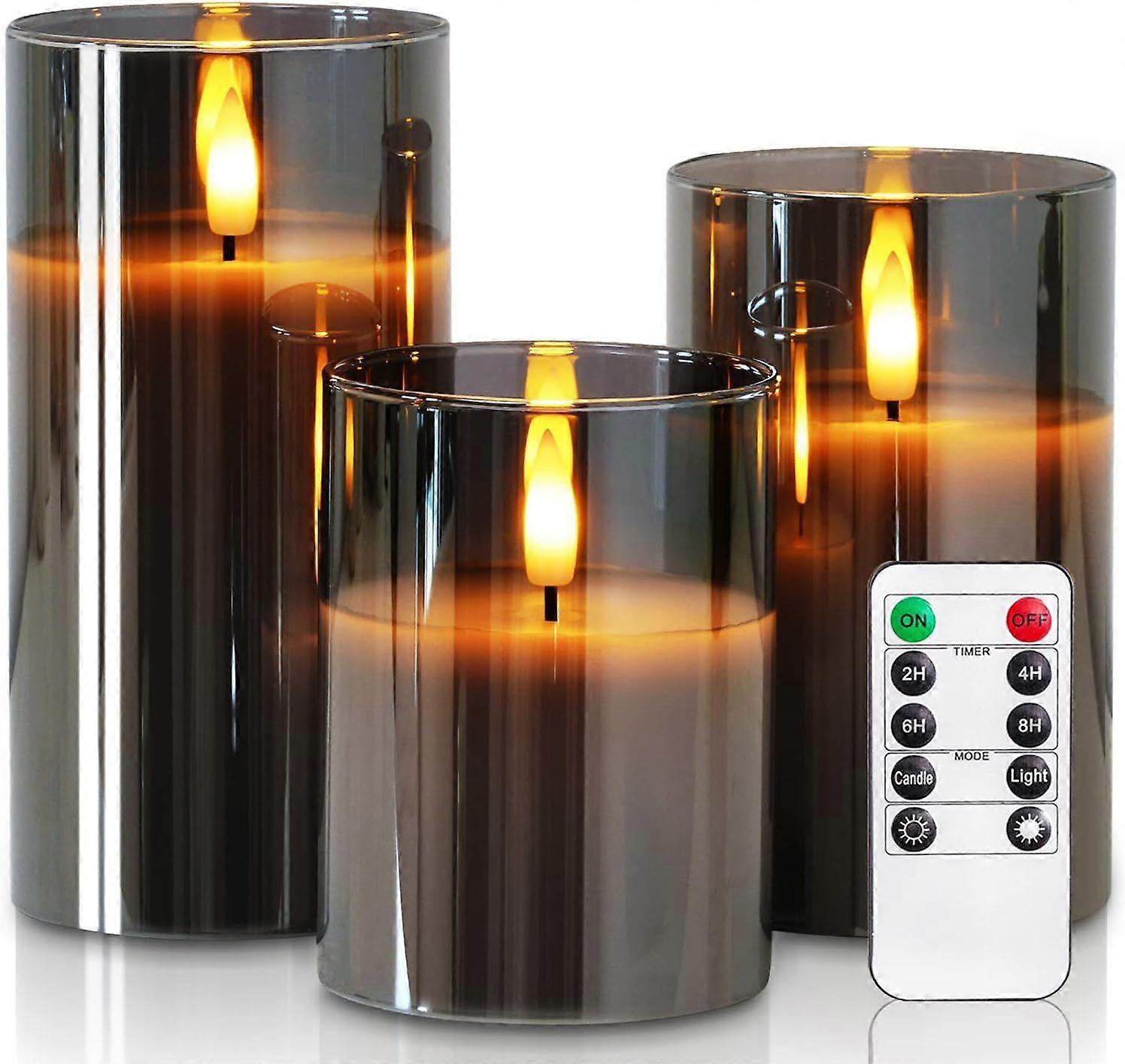 Homemory Grey Glass Flameless Candles, Battery Operated LED Pillar Candles with Remote Control and Timer, Radiance Candles, Real Wax, Set of 3,D3 xH4 