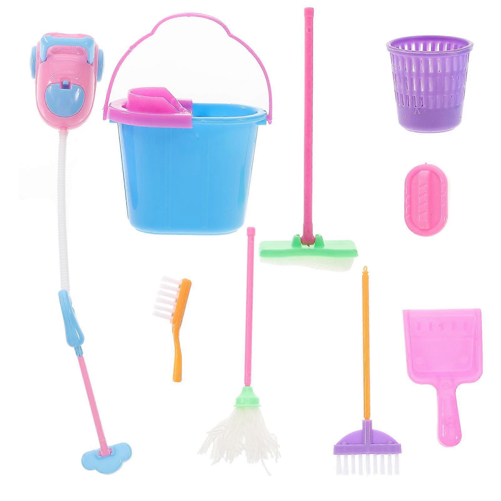Mini House Cleaning Set 9pcs ABS Material Pretend Play Accessories with Rounded Edges for Imaginative Role Play Fun (Random Color)