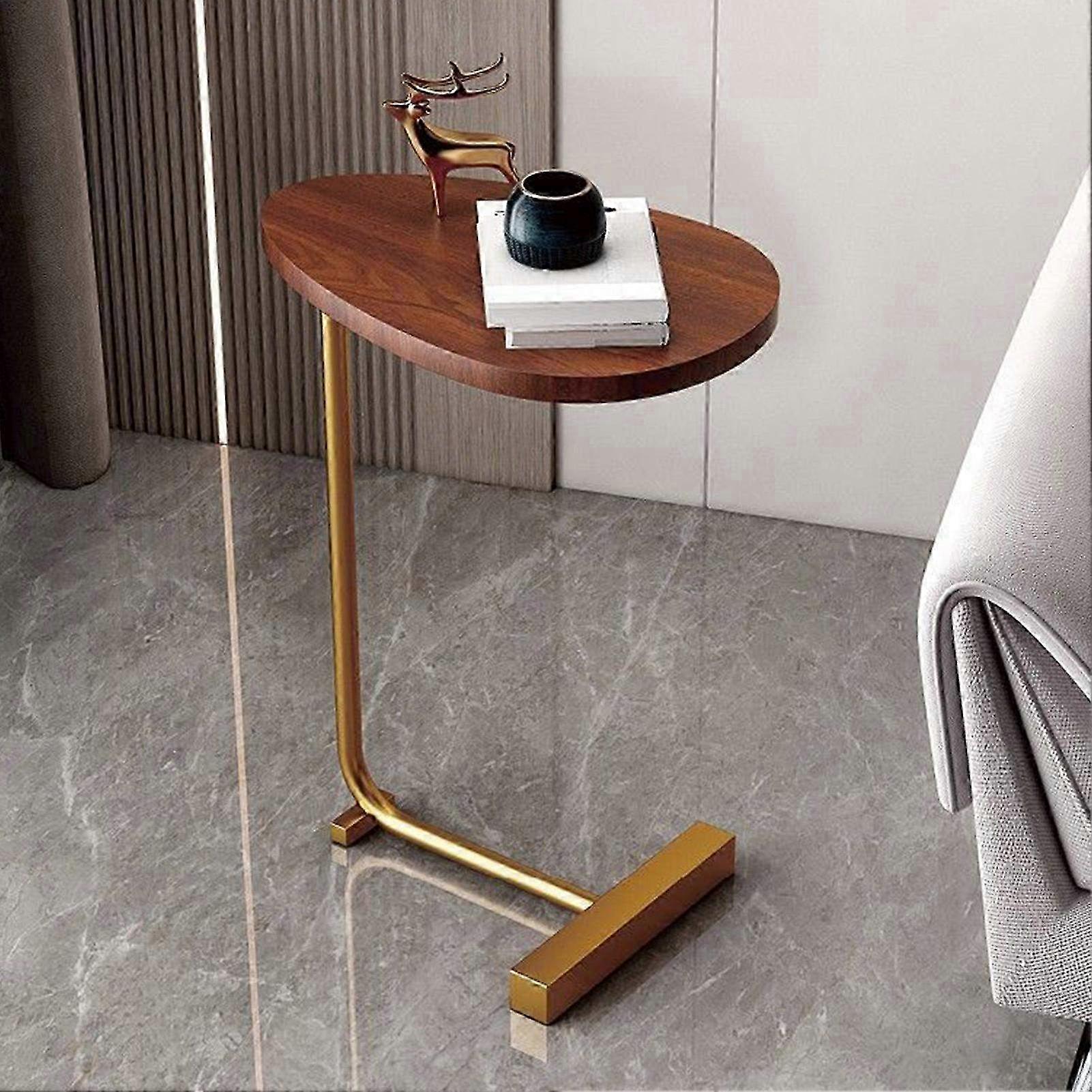 Modern C-Shaped Side Table with Dark Wood Grain Finish - Space-Saving End Table with Gold Frame for Living Room & Hotel Decor