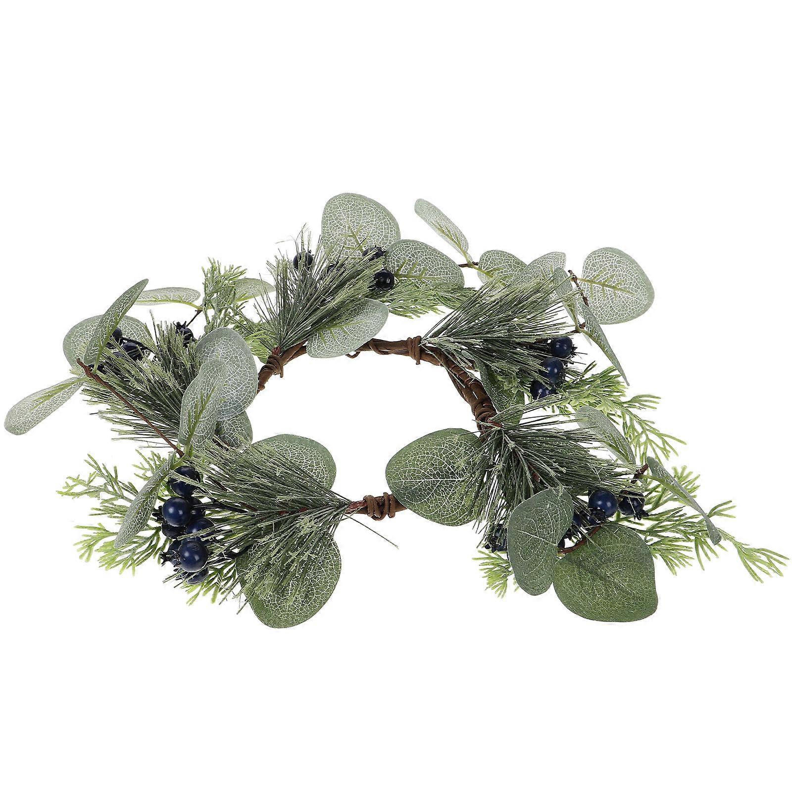 Faux Eucalyptus Candle Ring Wreath with Berries – Rustic Wedding Table Centerpiece & Front Door Home Decor – Year Round Greenery Decoration