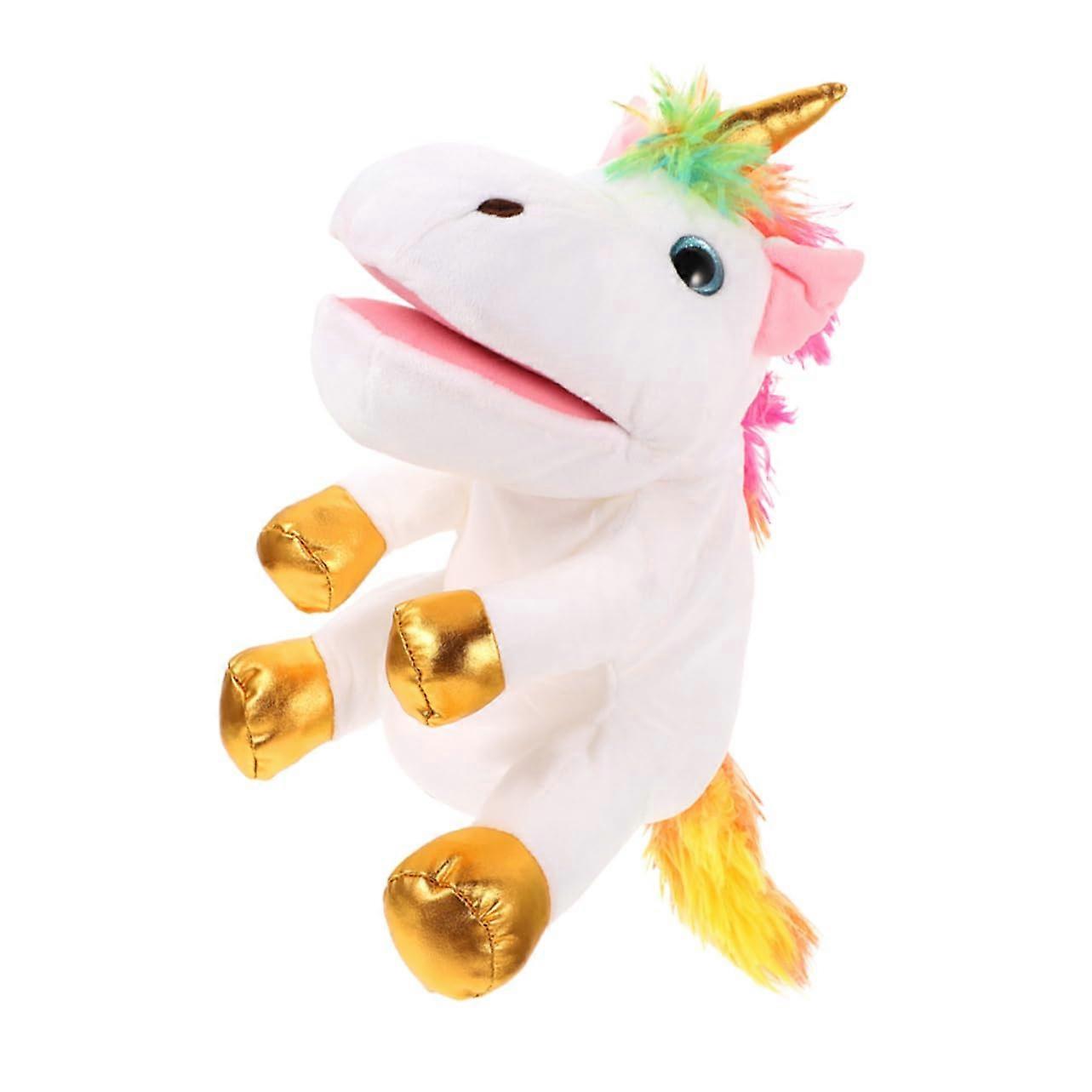 Einhorn Handpuppe Plüsch Tier Interaktives Erzählspielzeug für Erwachsene, Pädagogische Handpuppe für Eltern, Weiß