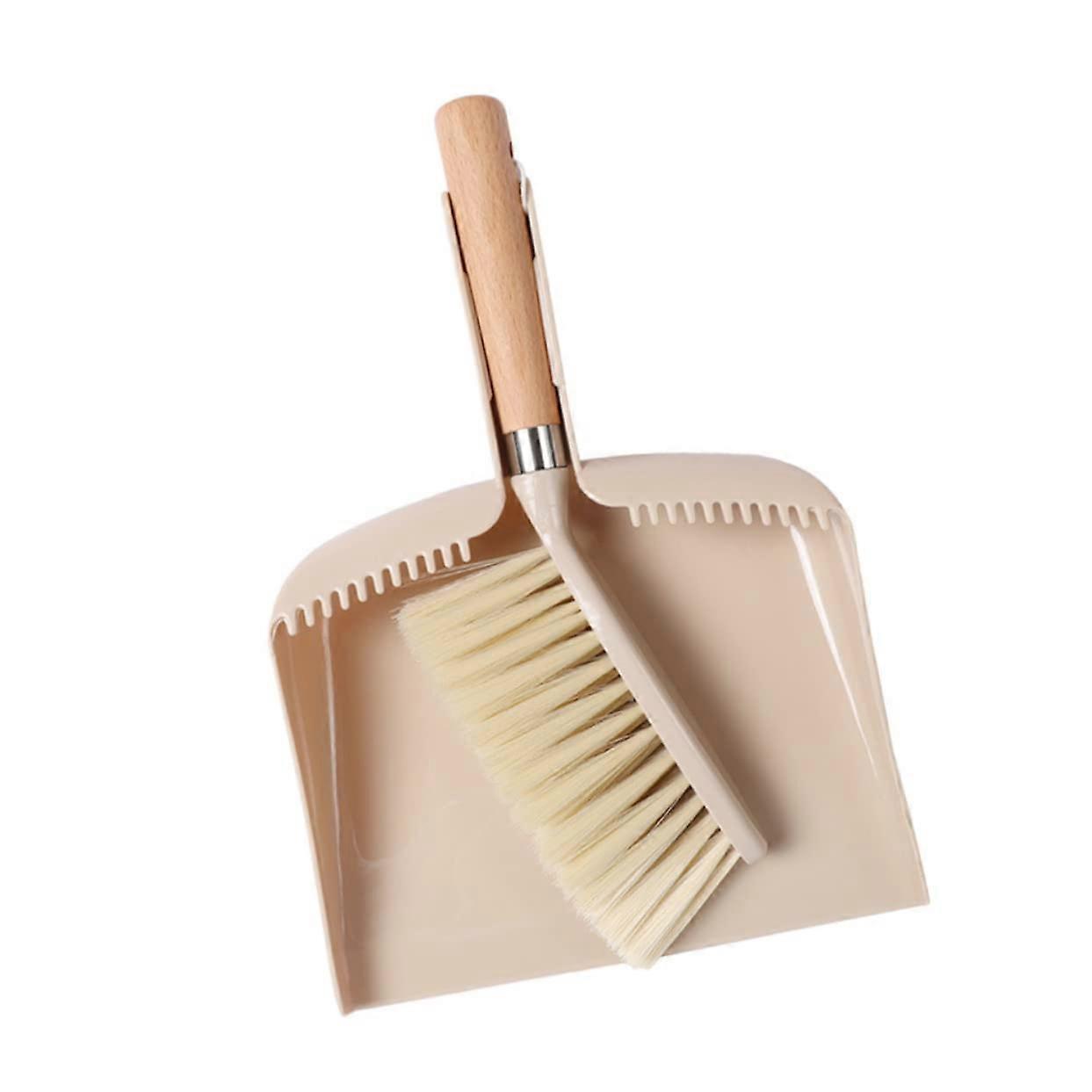 Mini Desktop Dustpan and Broom Set with Wooden Handle for Easy Cleaning Beige