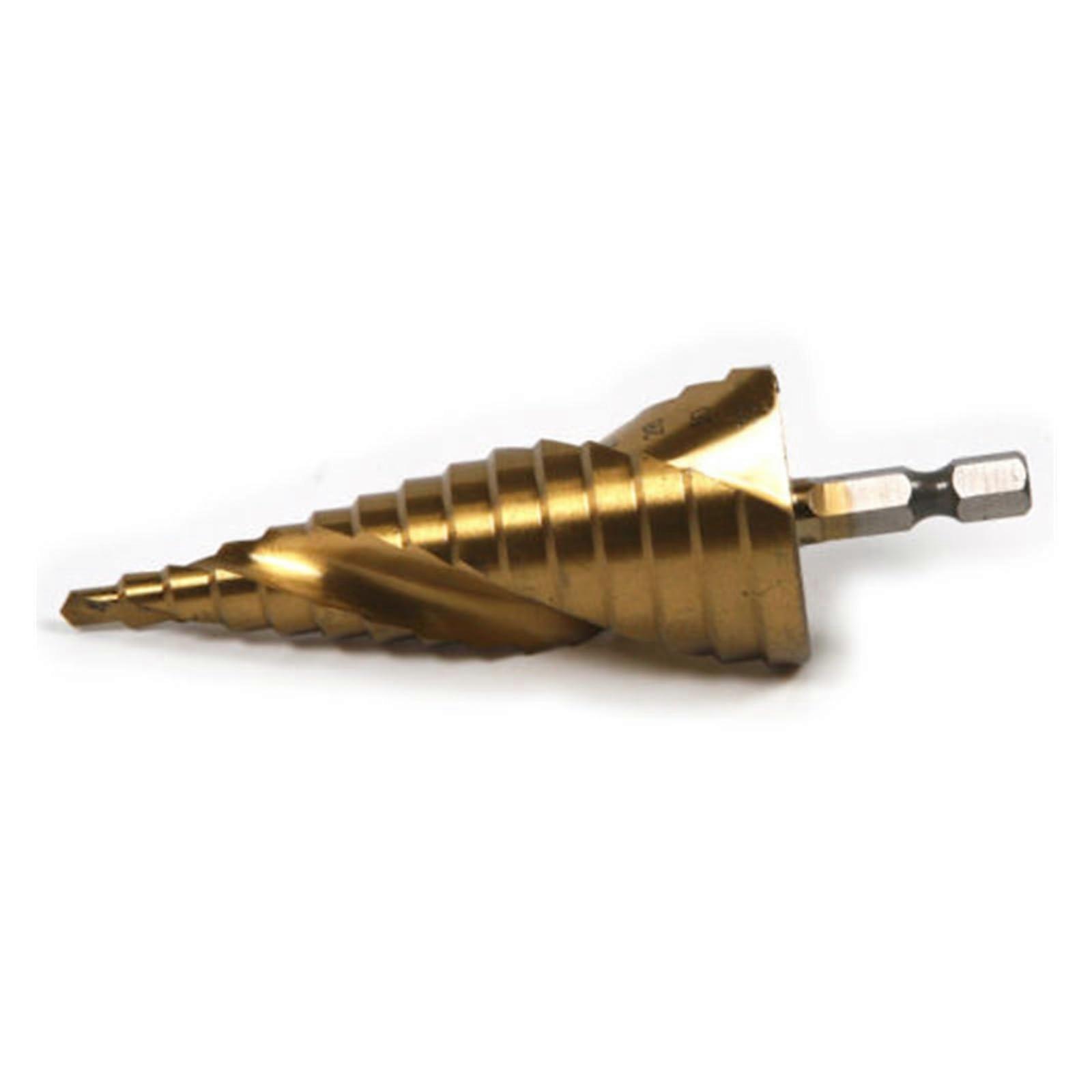 HSS Step Drill Bit, 4-32 Mm, 15-Stage, 1/4 In Hex Shank, Titanium Coated, Spiral Flute Metal Drill Bit