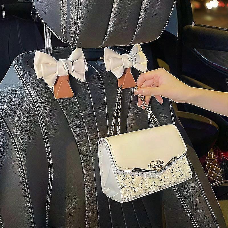 2 Car Hooks for Seat Back - Custom Knot Small Hooks Interior Storage Organizer (Brown & White)