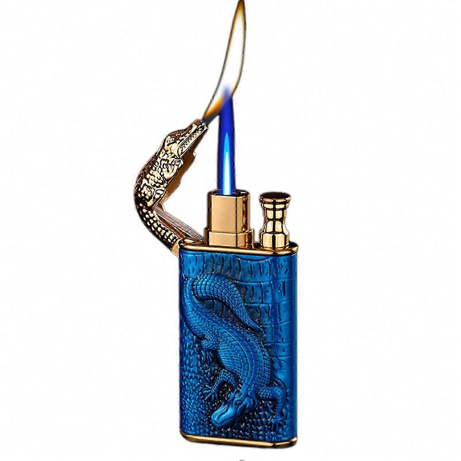Crocodile-Relief Magics Dual Flame Lighter Windproof Refillable Metal Butane Lighter for Camping Candles