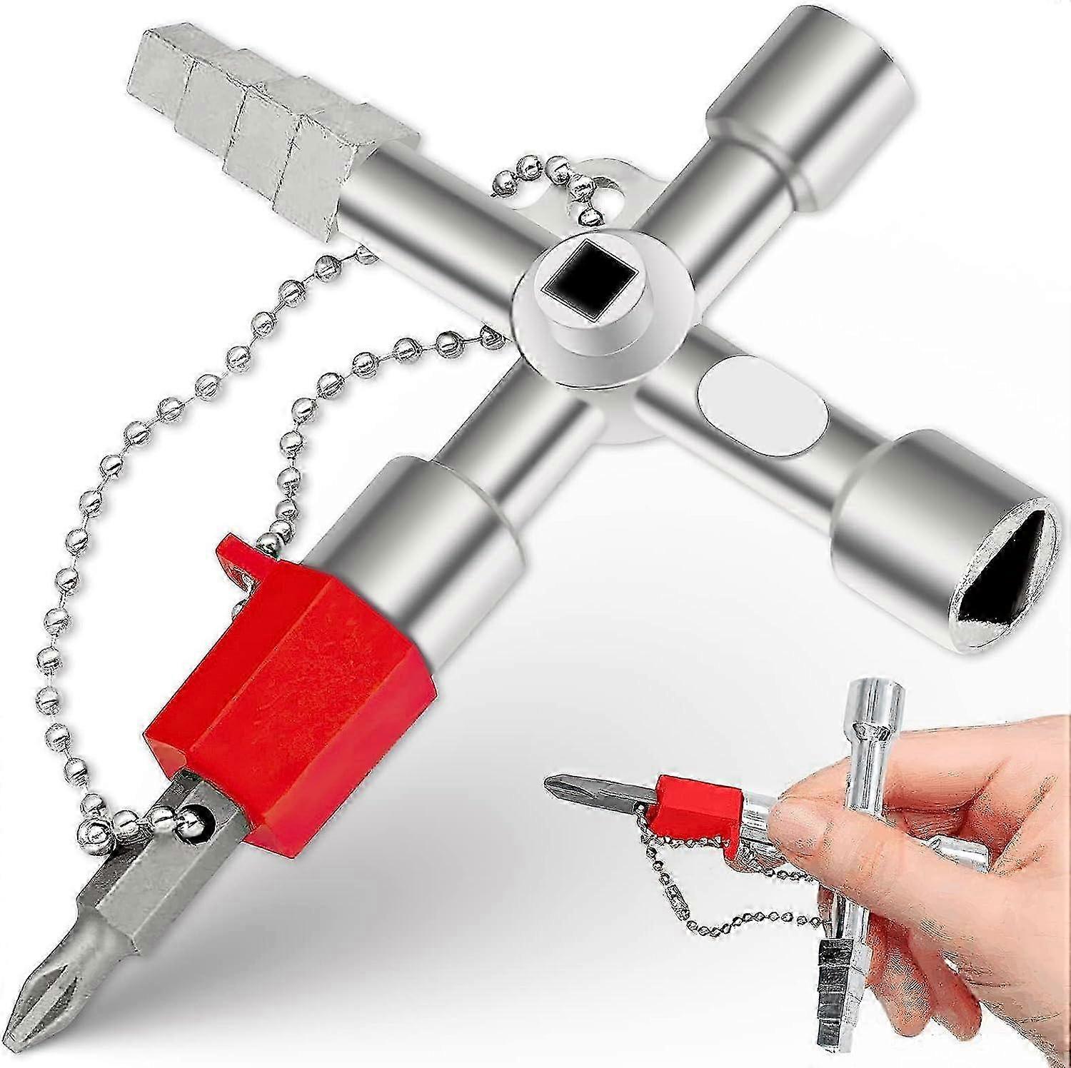 4-Way Wrench, 4-Way Multi-Function Wrench, Universal Cross Wrench for Water and Electricity Meters, Radiators, Gas Meters, Elevators (Silver)