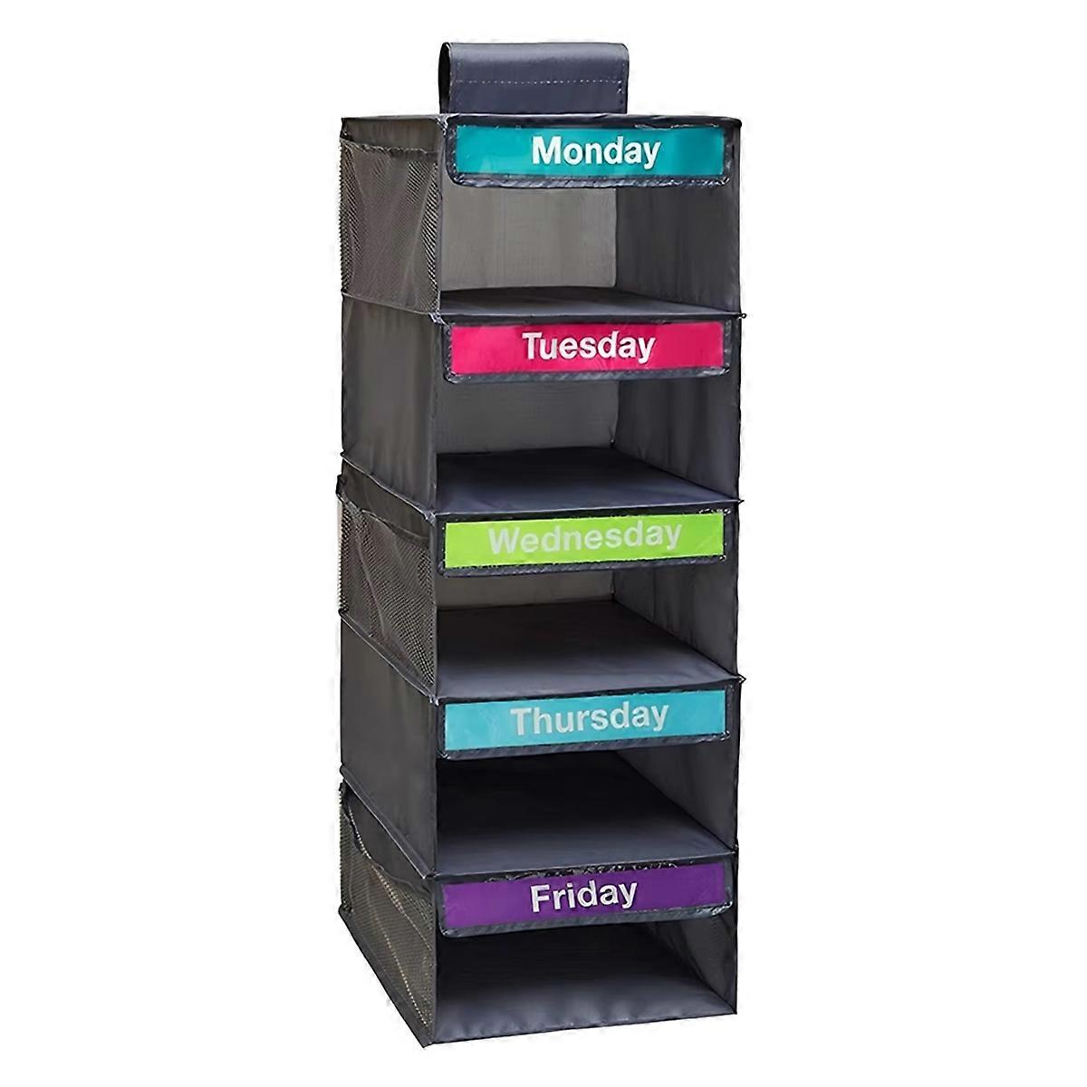 5-Shelf Weekly Clothes Organizer with 5 Side Pockets Hanging Closet Organizer with Labeled Days Hanging Storage Shelves A