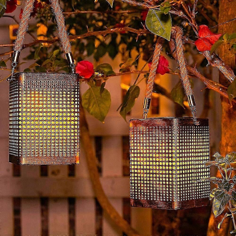2Pcs Outdoor Solar Lanterns Hollow Iron Art Decorative Lights Garden Patio Hanging Lamps