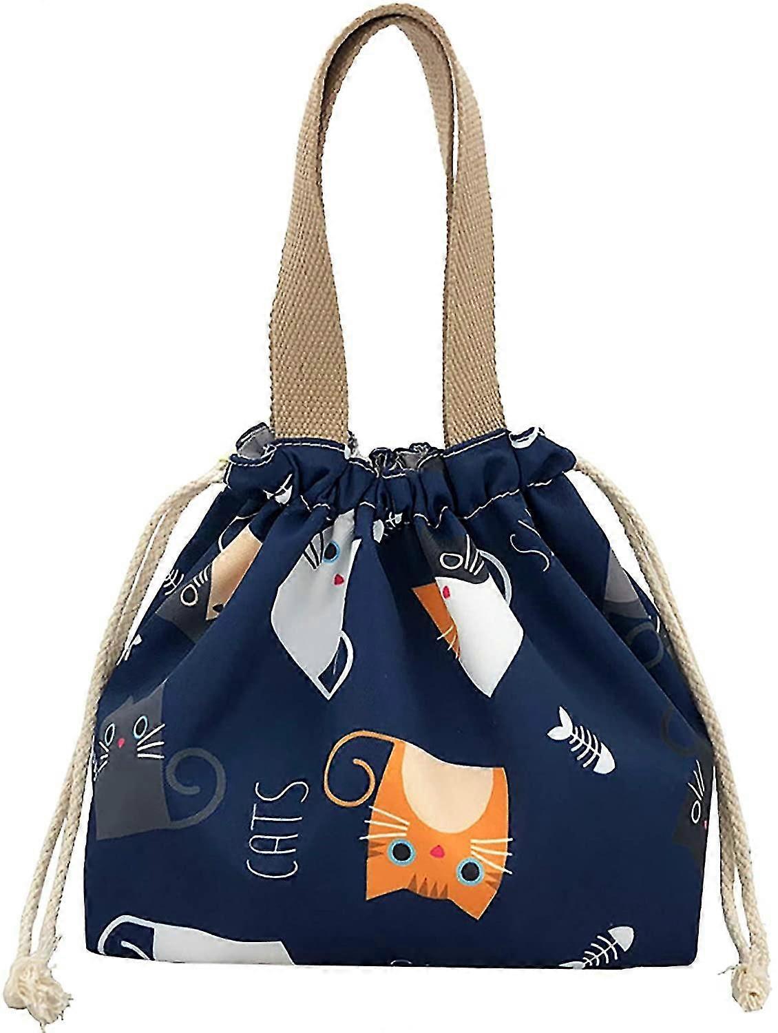 Mini Lunch Tote Pouch Reusable Small Cute Lunch Bag With Drawstring Cat Blue
