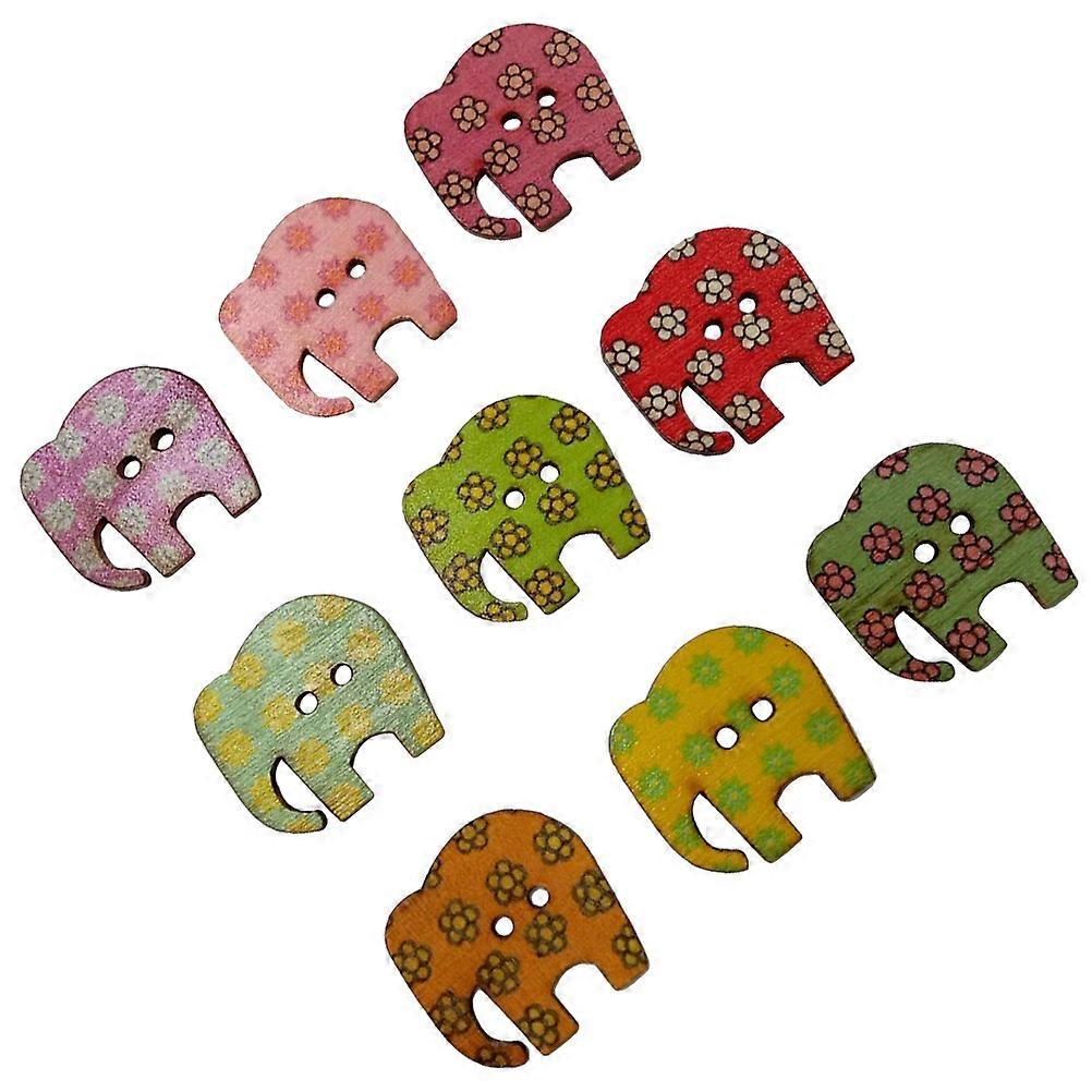 Wooden Buttons Elephant Pattern for Crafts 60Pcs Colorful Cartoon Design