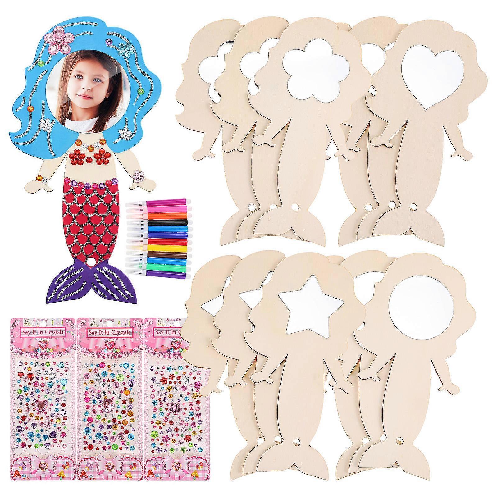 Mermaid Mirror Craft Kit Diy Handheld Mirror For Birthday Party Craft Activities With Painting Brushes 1 Set