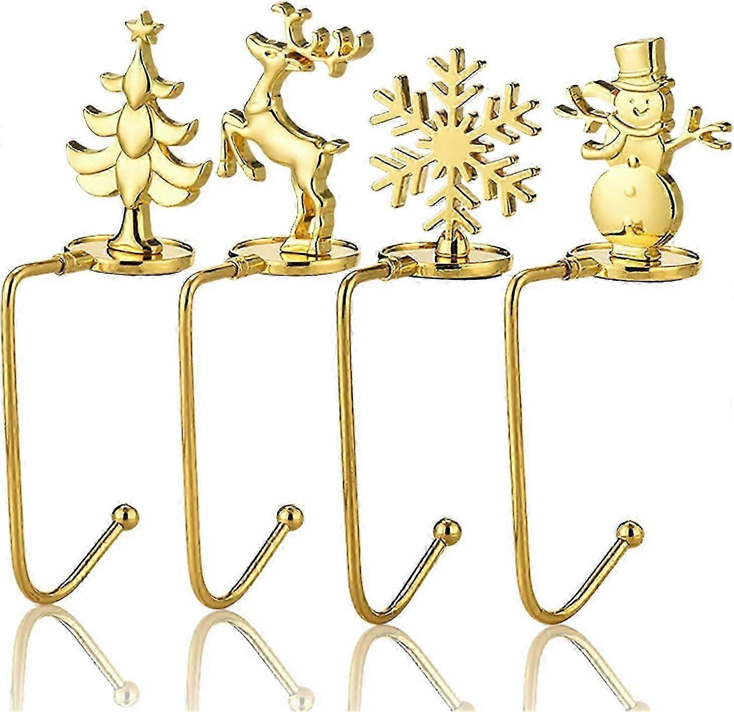 4 Pcs Christmas Hooks Stocking Hangers for Mantel Fireplace Stocking Grips Santa Snowman Elk Christmas Tree