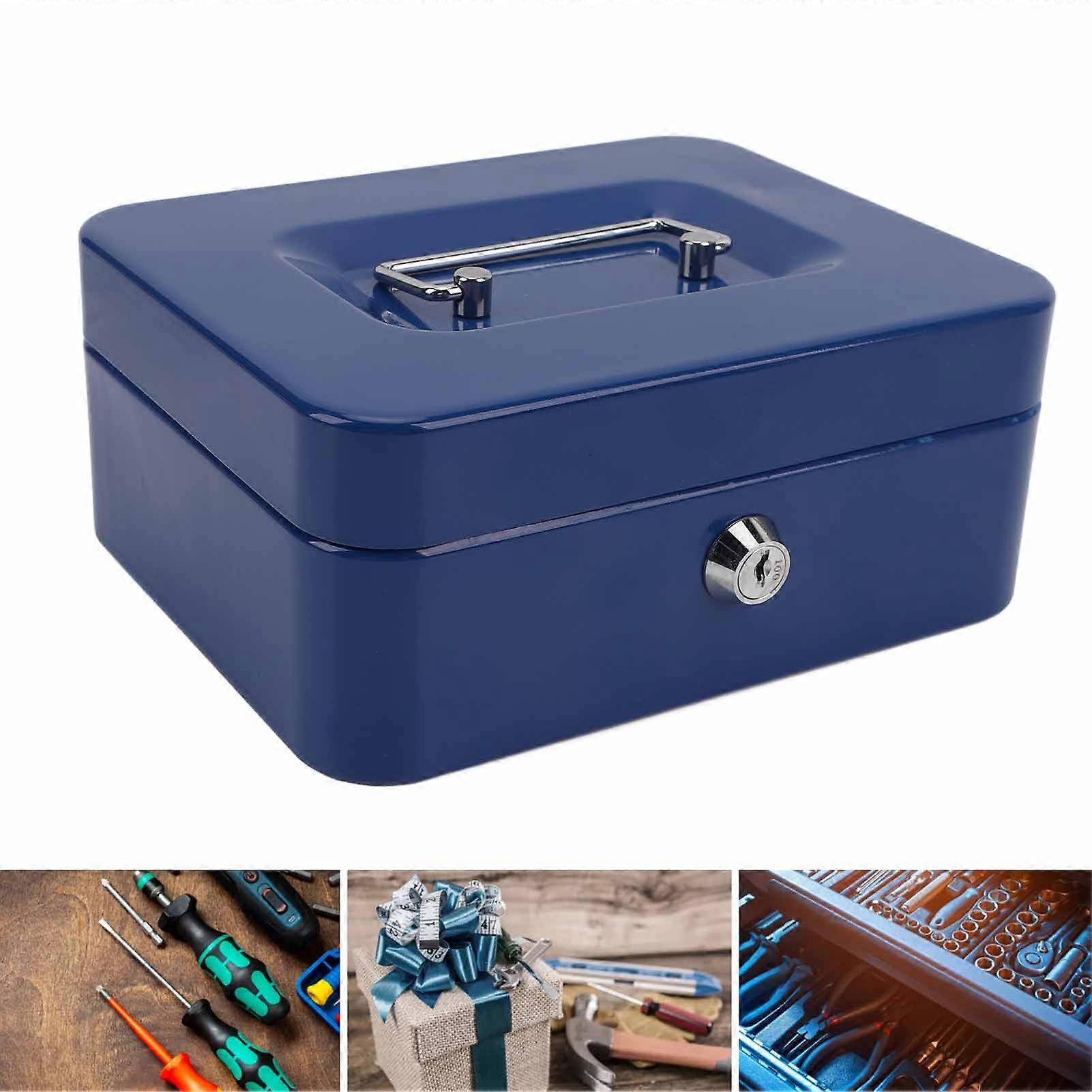 Small Locking Cash Box Portable Double Layers Safe Metal Money Box for Home and Office Blue 