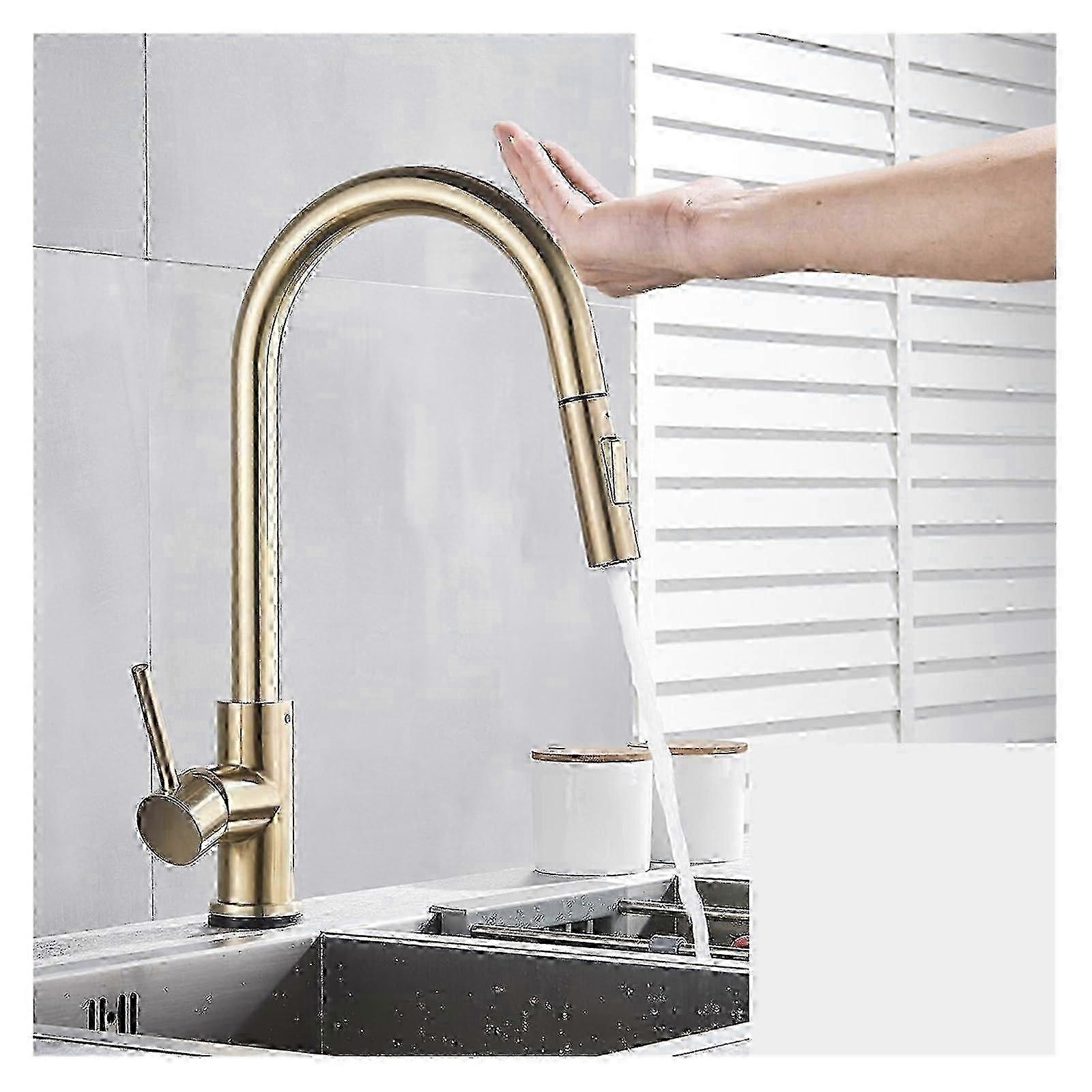 Smart Brushed Kitchen Faucet with Sensor & 360° Rotation Single Handle, Pull-Out Function & Dual Water Modes - Hot & Cold, Gold Finish