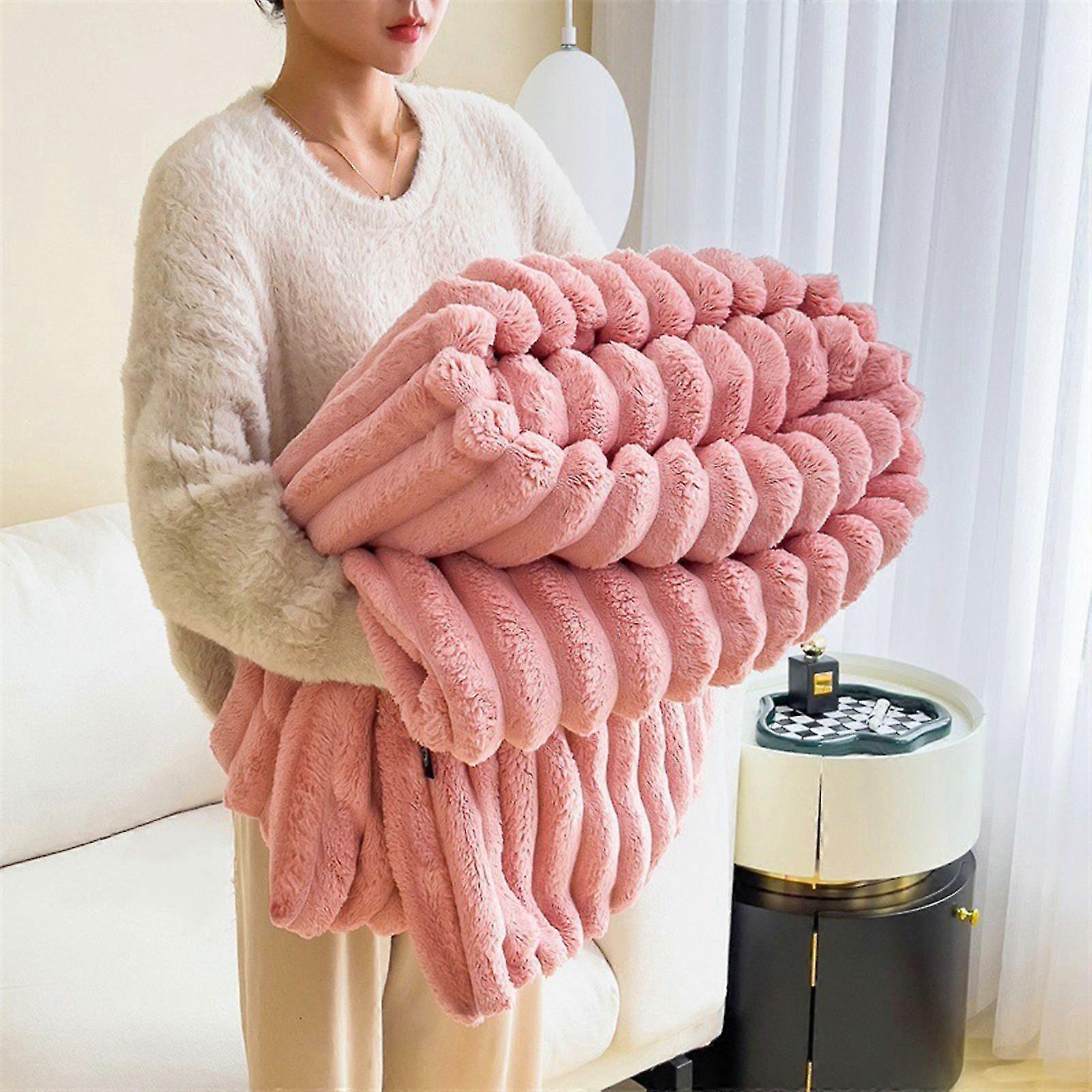 Artificial Rabbit Plush Warm Blankets for Beds Coral Fleece Sofa Throw Blanket-120*200-Pink