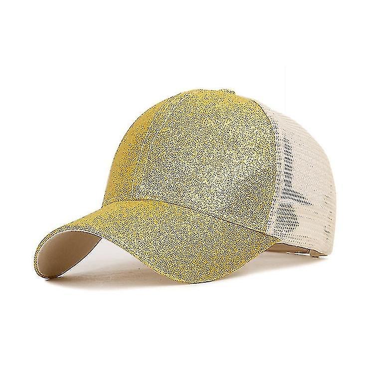 Hats Yellow Sequined Cotton Baseball Cap Back Opening Mesh Ponytail Cap Size:adjustable