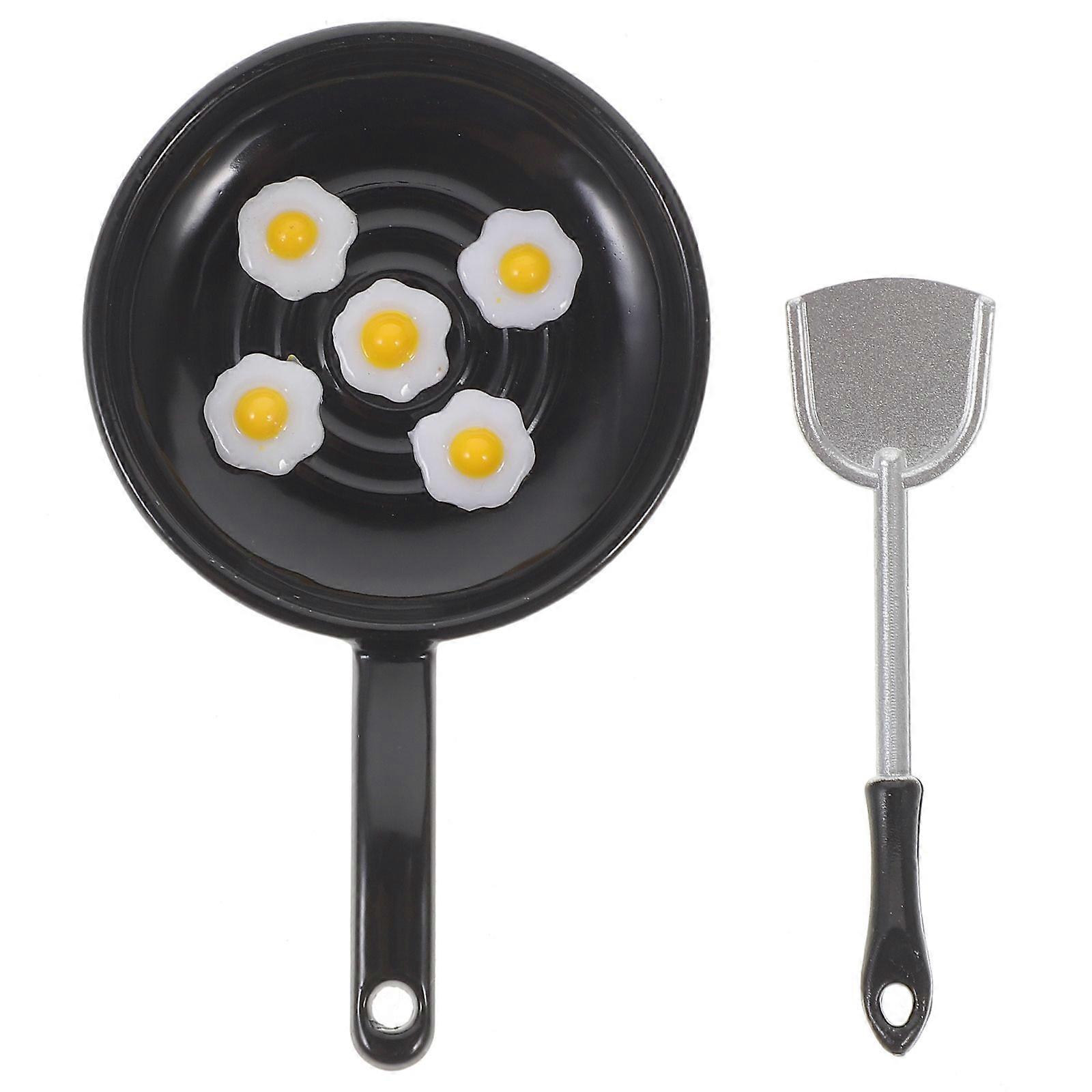 1 Set Doll House Miniature Pan Models With Frying Egg and Spatula Miniature Scene Model