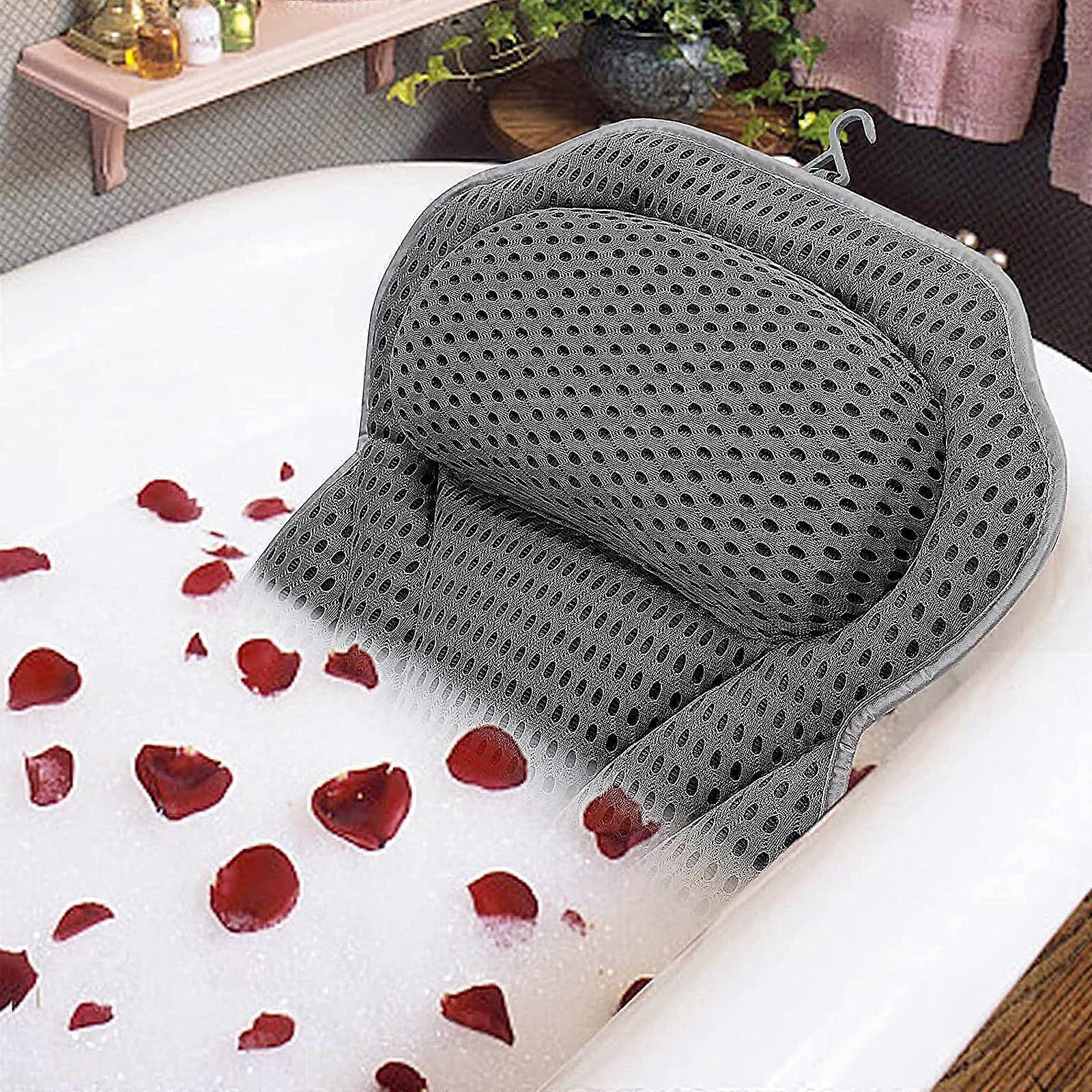 Bath Pillow for Tub and Spa with 6 Non‑Slip Suctions, 4D Air Mesh Head Neck Back Support, Grey