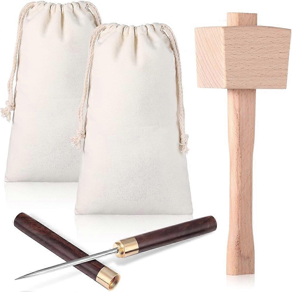 4 Pcs Bag and Ice Mallet Set, Reusable Canvas Crushed Ice Bags with Wooden Handle Hammer for Bar Bartender Tools Kit