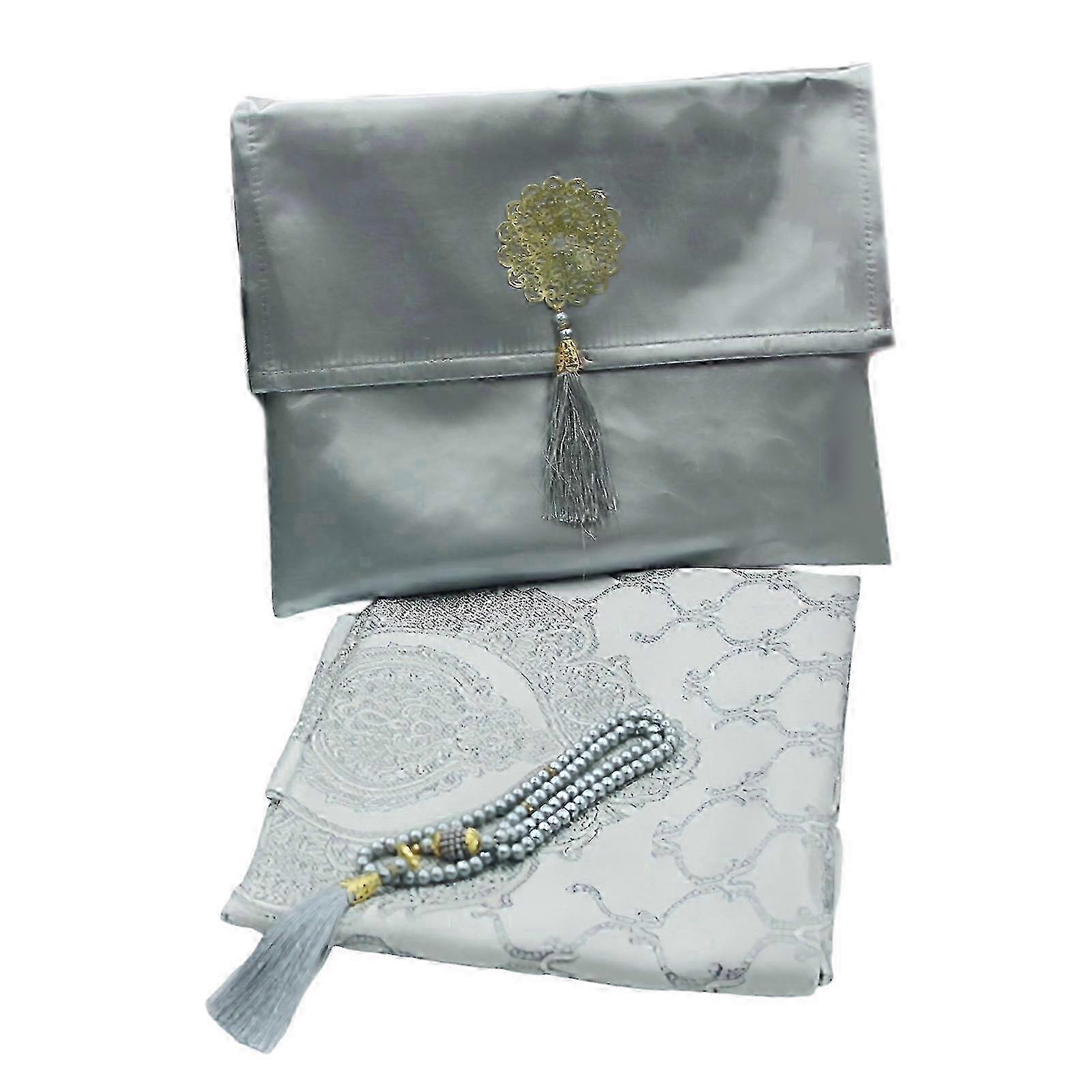 1 Set Prayer Mat Set With Praying Beads and Storage Bag Colorful and Slip Proof For Bayram Gift Optional Color Rug silver gray w