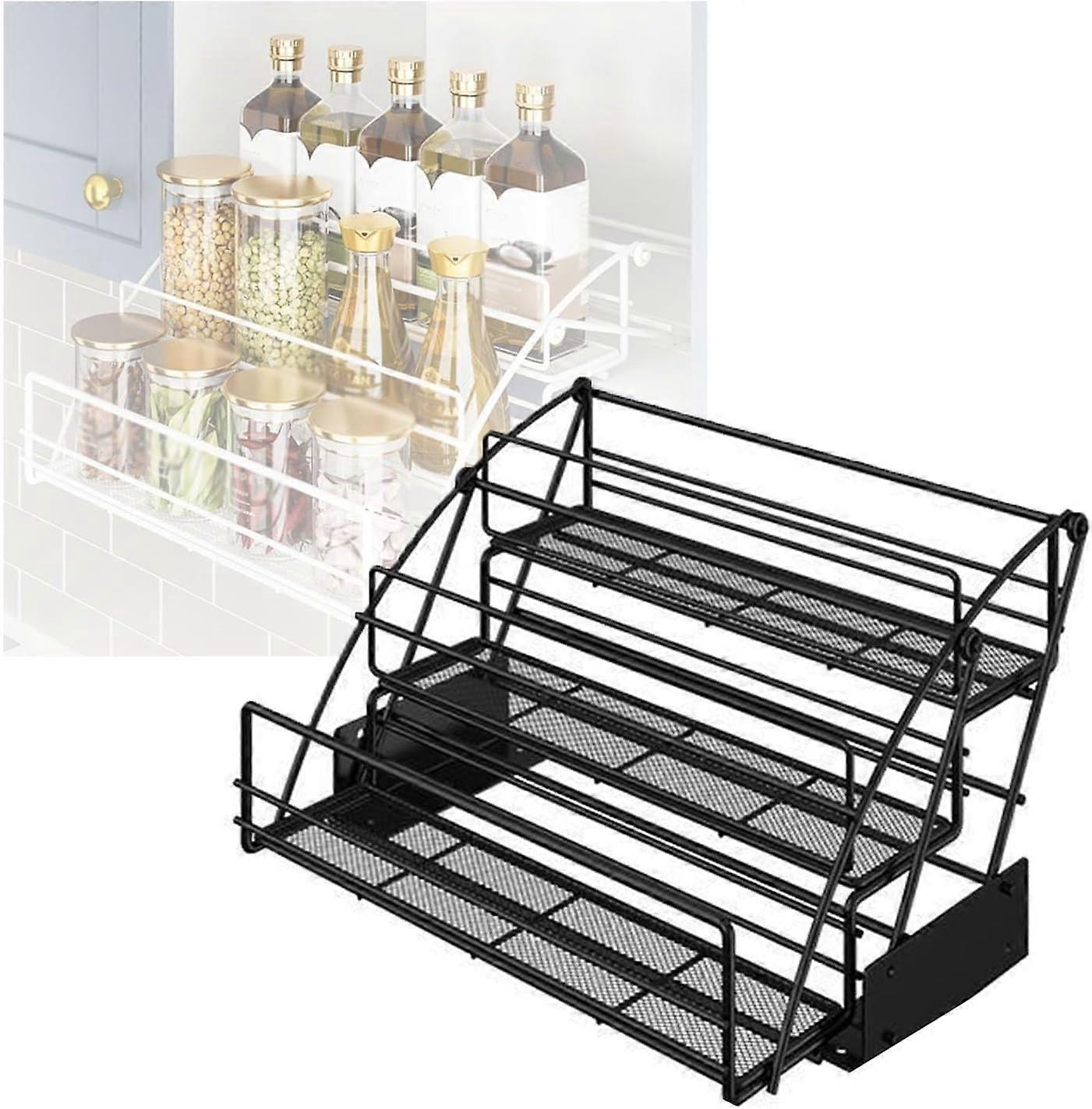 Pull Down Wall Mounted Spice Rack 3 Tier Heavy Duty Shelf for Kitchen Cabinet Organizer Black