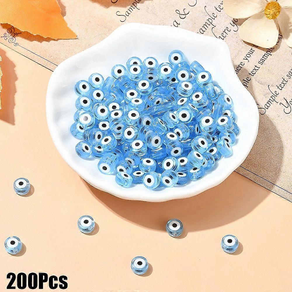 200pcs Transparent Acrylic Beads Flat Round with Pattern Cornflower Blue 7x4mm Hole: 1.5mm