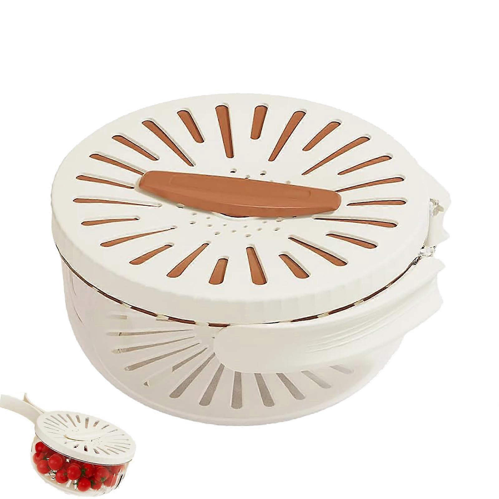 Fruit Strainer Container with Lid, 2 in 1 Kitchen Colander with Handle, Dual Layer Basket Brown S