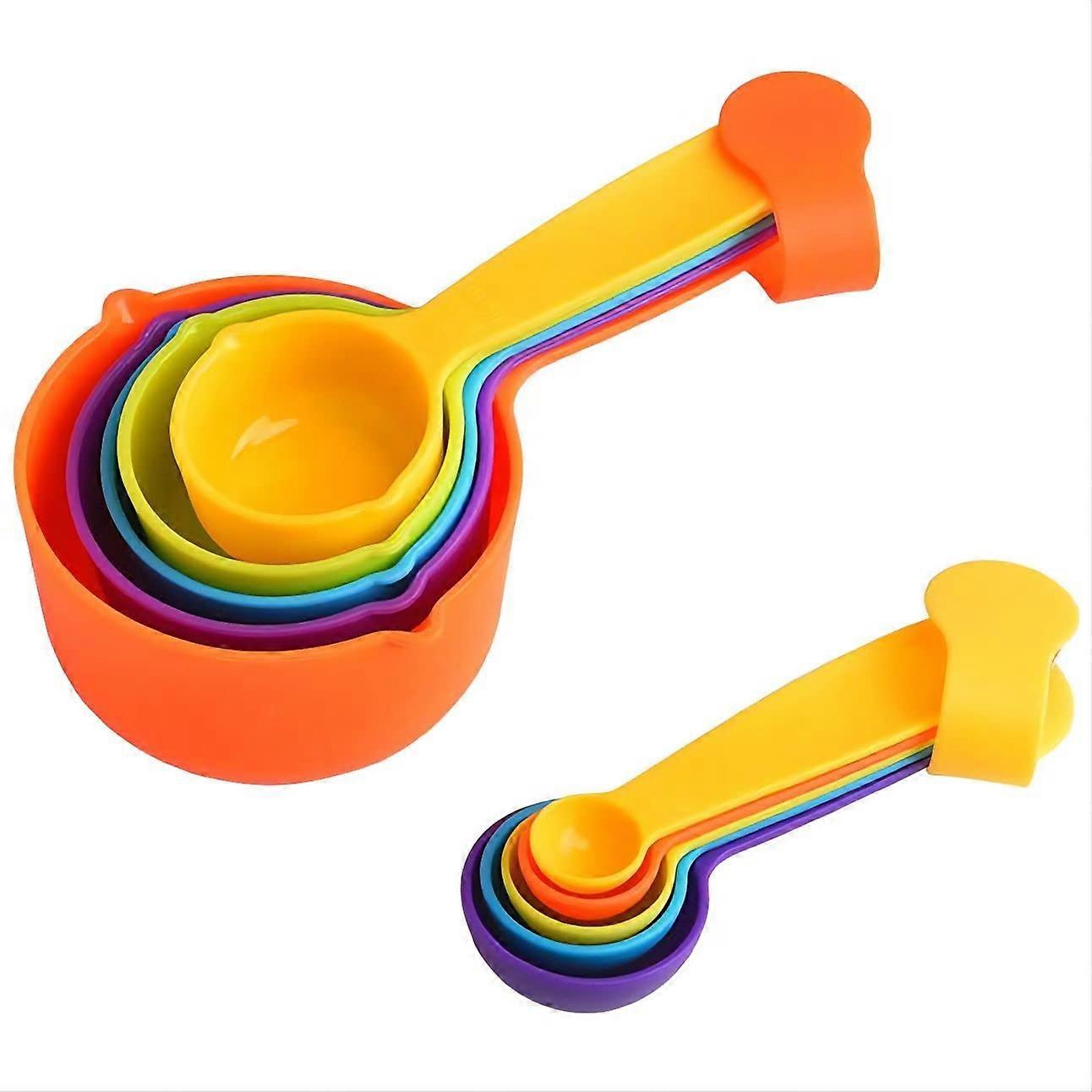 Plastic Measuring Cups and Spoons Set of 10 with Clear Markings, Colorful Stackable Kitchen Tools