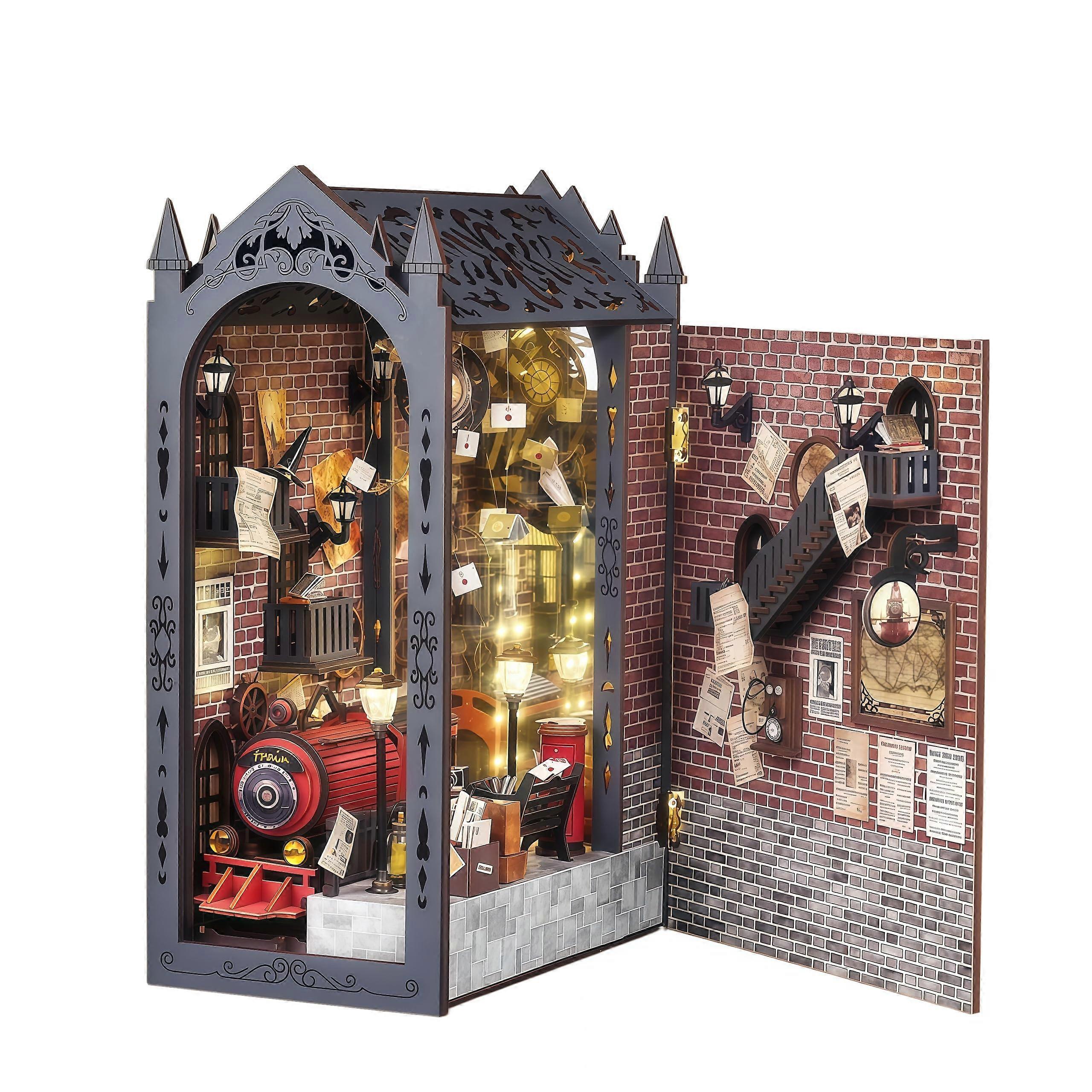 DIY Book Nook Kit with LED Light, Elegant Train Station Miniature Library Insert for Adults