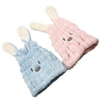 2Pcs Dry Hair Caps Rabbit Ear Water Absorbent Hair Drying Caps Bathroom Supplies Sky Blue and Pink