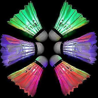 6 Pieces LED Badminton Shuttlecocks, Dark Night Colorful Red Green Blue LED Glow Birdies, Composite Cork Heads Natural Goose Feathers, For Indoor Outd