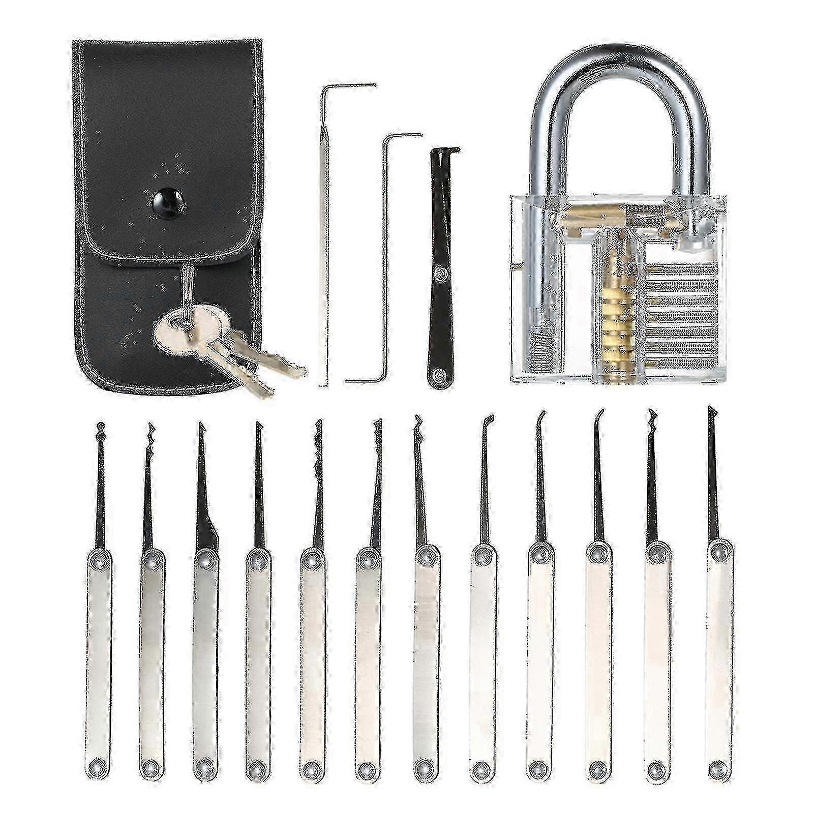 15pcs Lock Pick Set with Transparent Practice Padlock for Beginners Professional Locksmiths