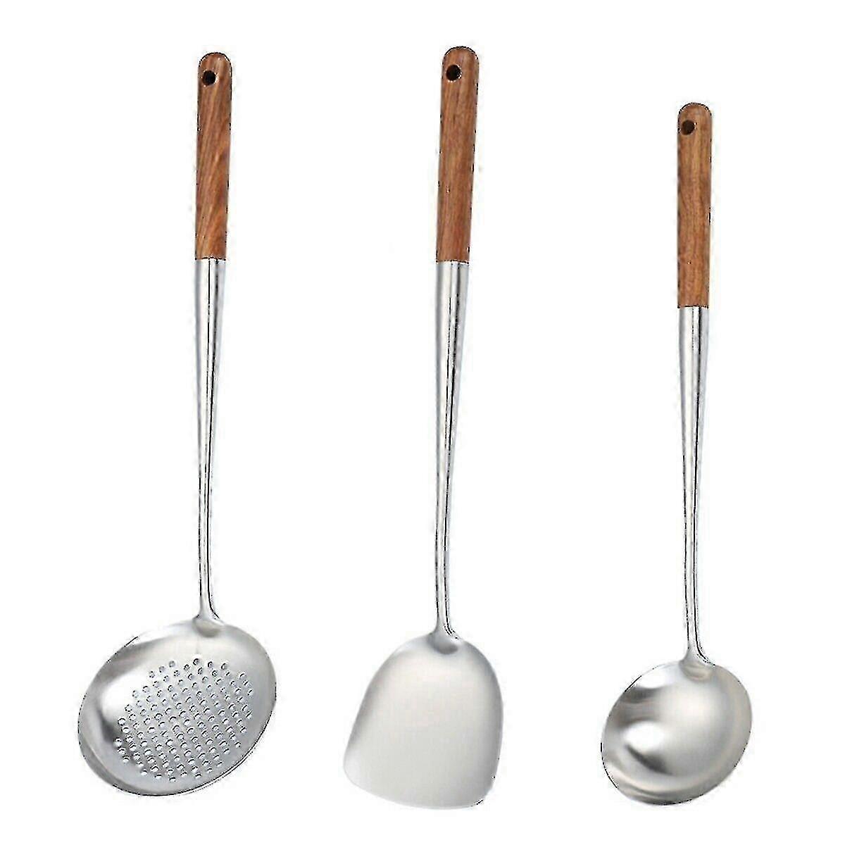 3pc Wok Spatula Spoon Drainer Set