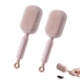 Self Cleaning Hair Brush with Retractable Cushion Comb, Gentle Scalp Massage, Easy Clean for All Hair Types (Pink 2 Pack)