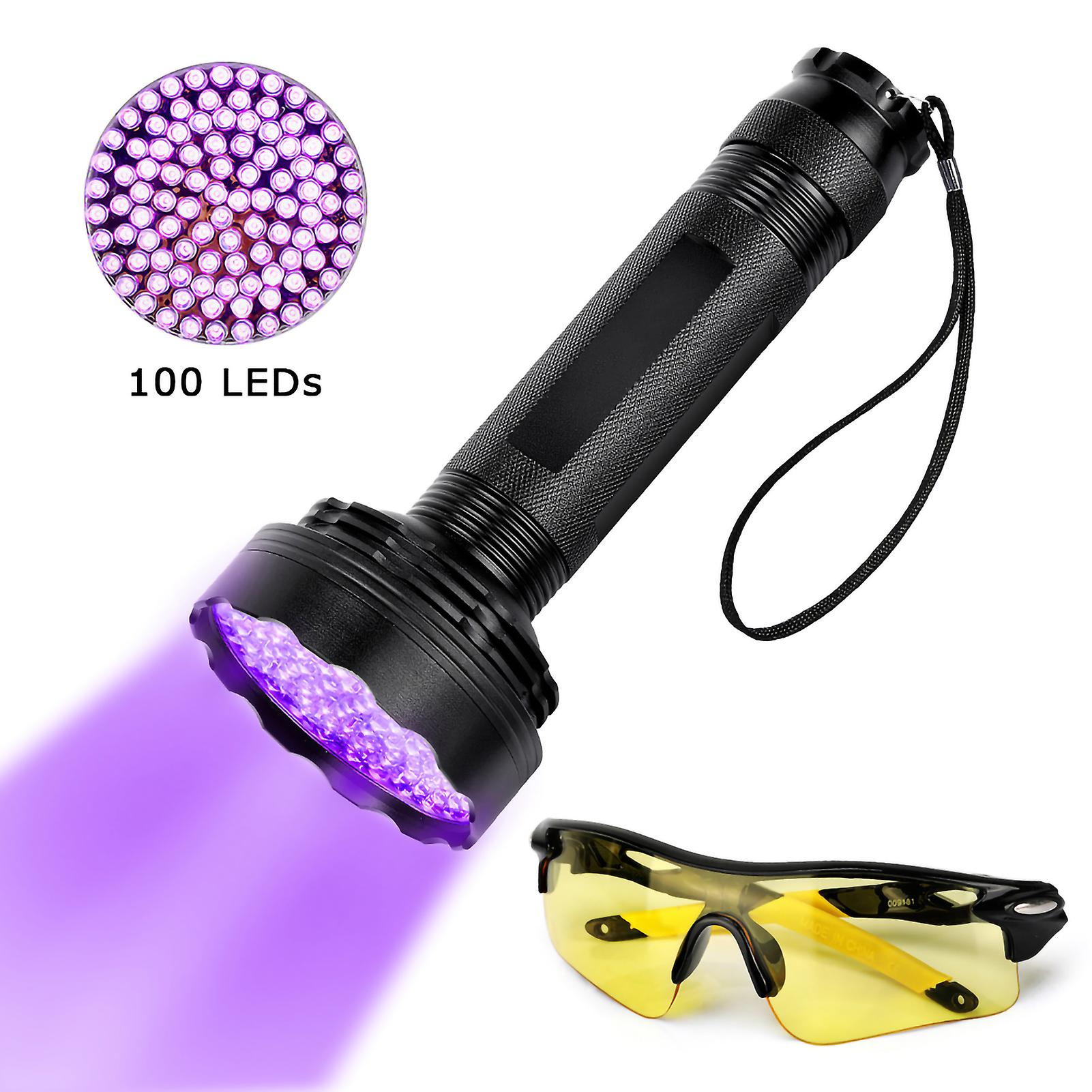 Upgraded 100 LED Black Light Ultraviolet Flashlight with Protective Glasses